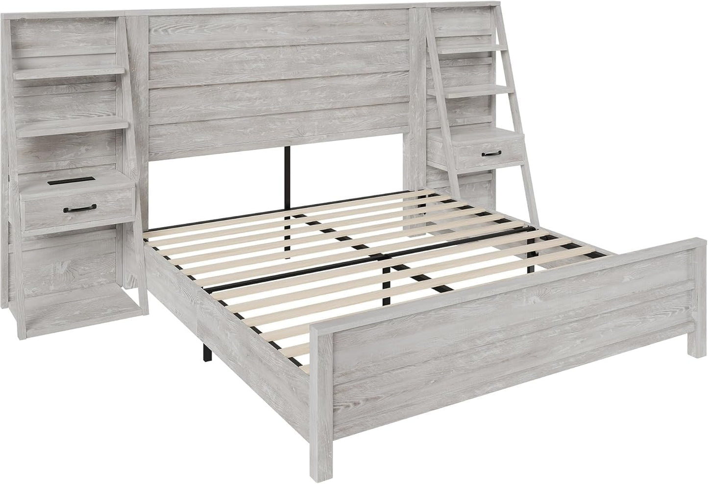 AMERLIFE Queen Bed Frame with Bookcase Headboard & 4-Tier Bedside Shelf, Farmhouse Platform Bed with Charging Station and 2 Drawers, Noise-Free,