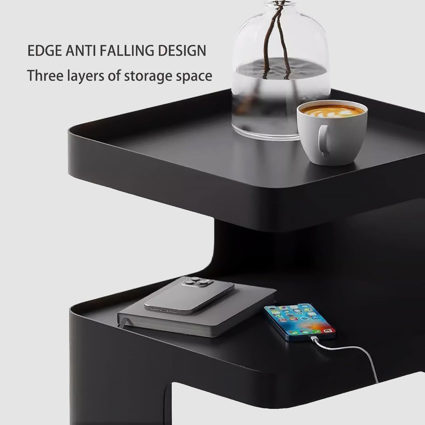 BUZUEY Side Table,Modern end Table,Metal Black nightstand,Bedside Table,3-Tier Accent Table with Storage for Bedroom,Living Room,Small Space,Couch.No Assembly Required