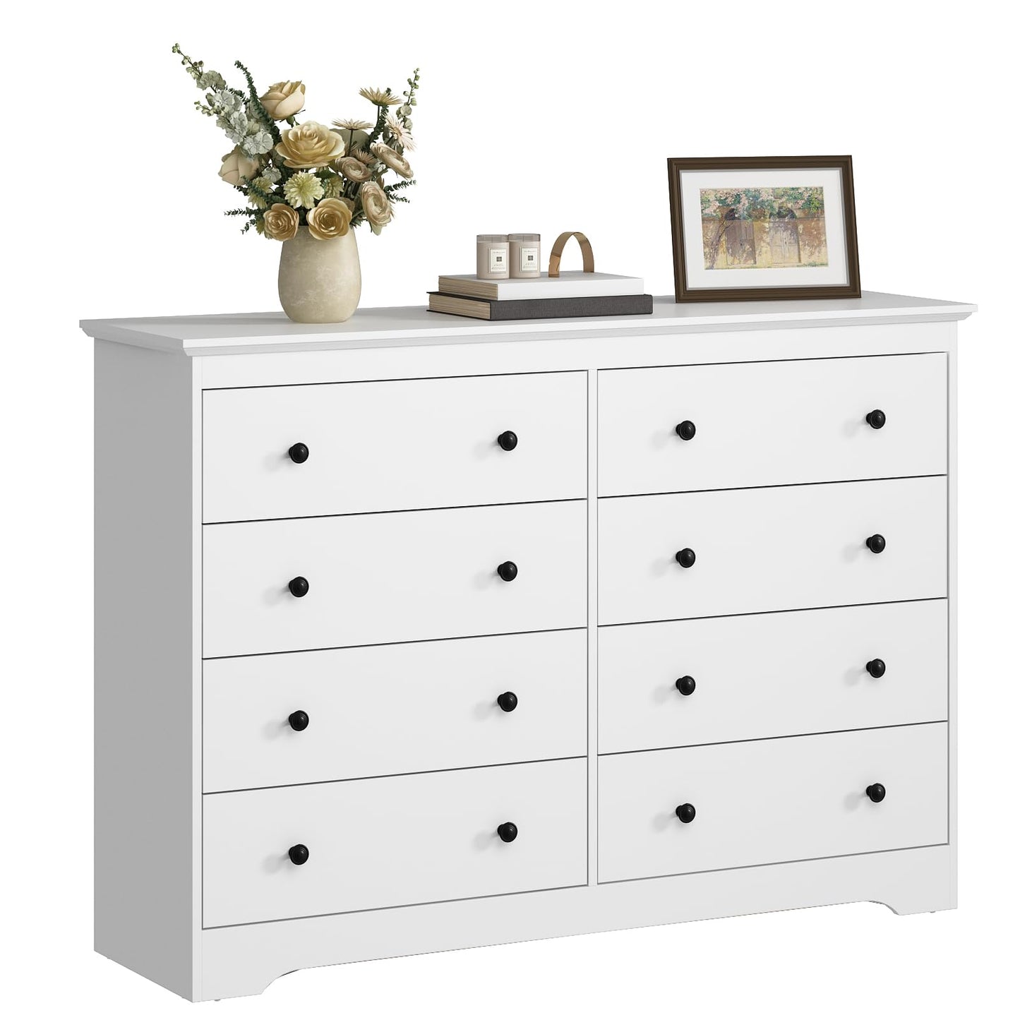 LYNSOM Modern 8 Drawer Dresser, 55.1" Wide Dressers & Chests of Drawers with Large Capacity Storage, Mid Century White Dresser for Bedroom, Hallway, White