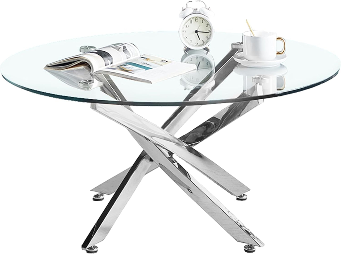 KUVADAZ Round Coffee Table with Silver Mirrored Stainless Steel Base, Tempered Glass Center Tables Modern Coffee Table, Clear Circular Living Room Cocktail Table for Home Office