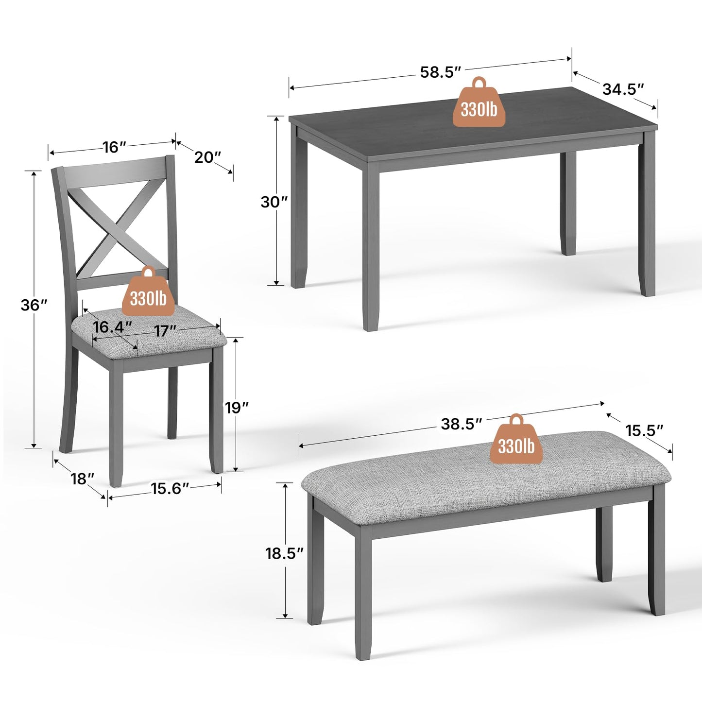 Zevemomo 6-Piece Wooden Dining Table Set, Dining Table Set for 6, Including 1 Dining Table, 4 Upholstered Chairs and 1 Bench, Wooden Legs Dining Table, Table Set for Dining Room, Grey