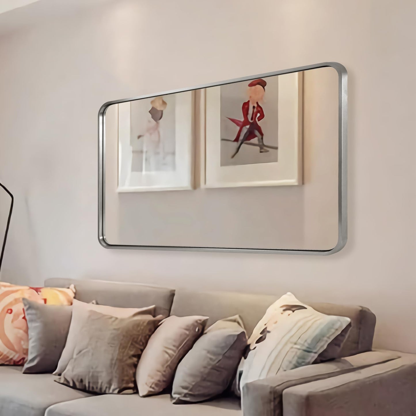 ANDY STAR 48”X30” Brushed Nickel Mirrors for Bathroom, Modern Rounded Rectangle Bathroom Vanity Mirror, SUS304-Anti-Rust Metal Frame Mirror, Wall Mounted Horizontal/Vertical 1’’ Deep