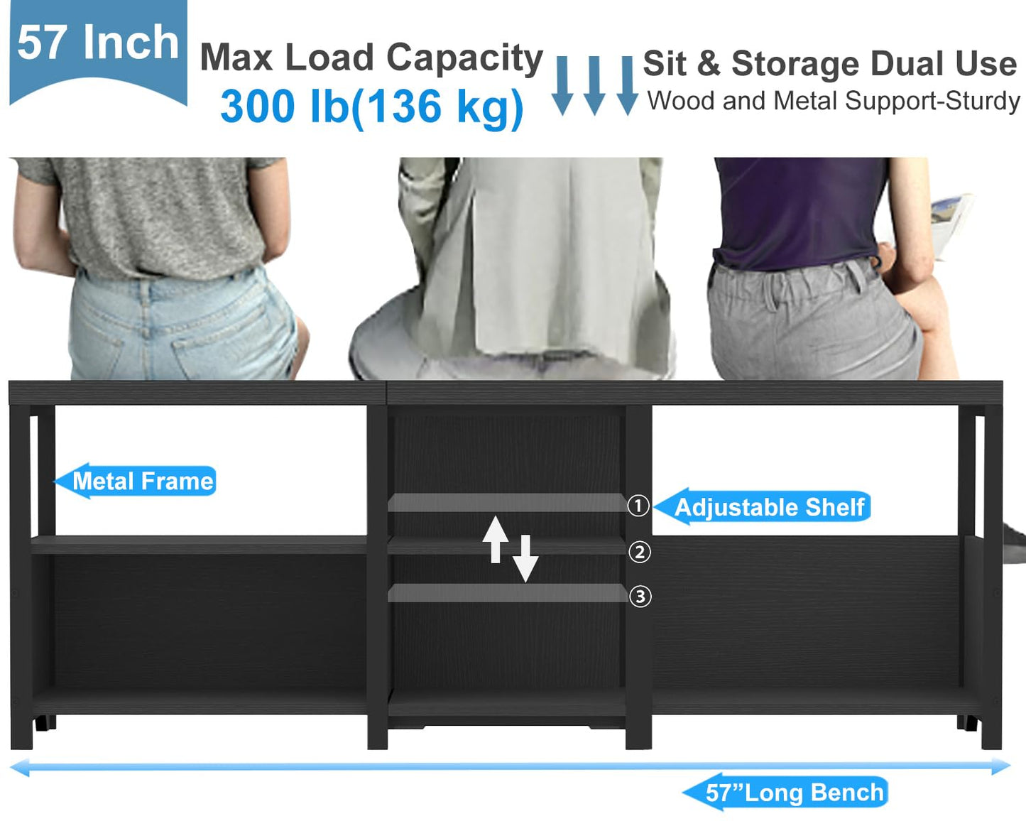HSH Black Bench, 57” Long Entryway Bench with Shoe Storage, Corner Convertible Storage Bench with Shelf for Foyer Entrance, Wooden Metal L Shaped Shoe Rack Benchs for Bedroom Living Room, Black Oak