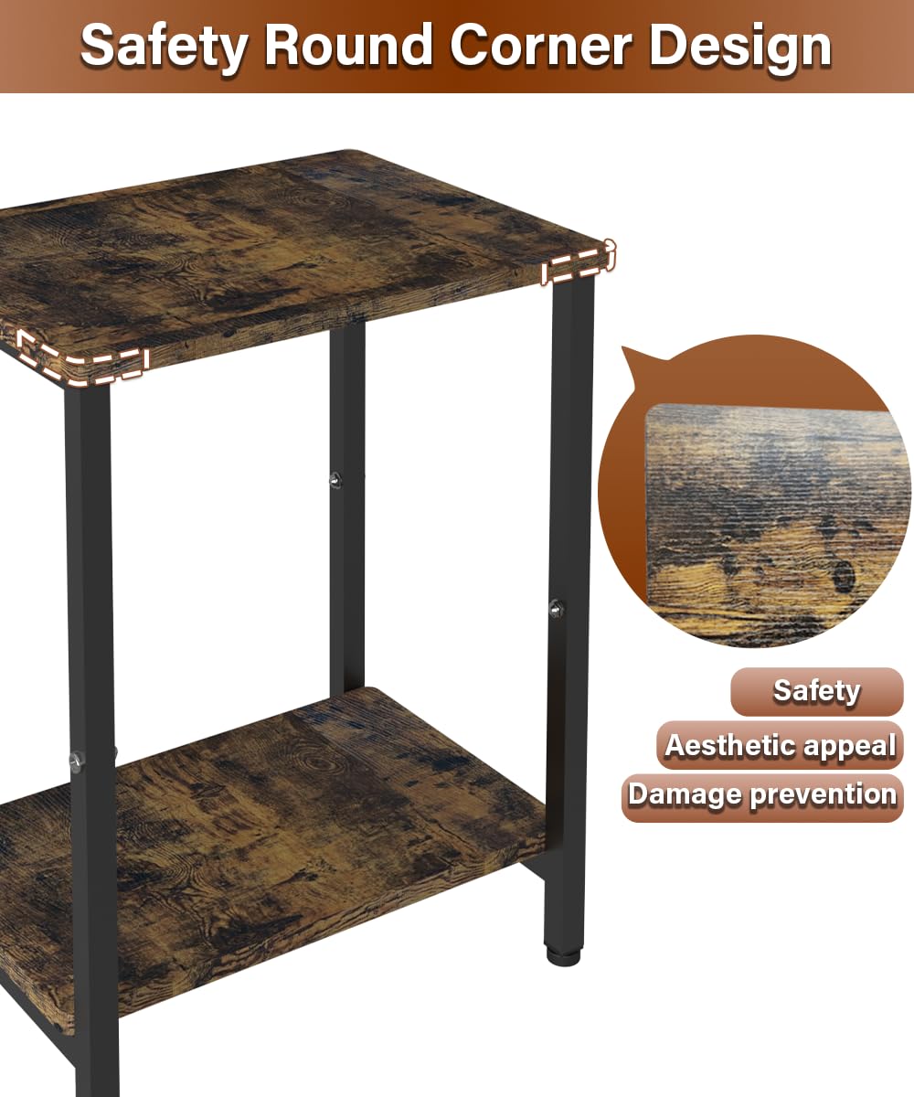 Tigerden 2 Tier Side Table, Heavy Duty End Table with Shelves, Narrow nightstand Table for Small Spaces, Record Player Table for Bedroom, Living Room, Sofa Couch - Rustic Brown & Black
