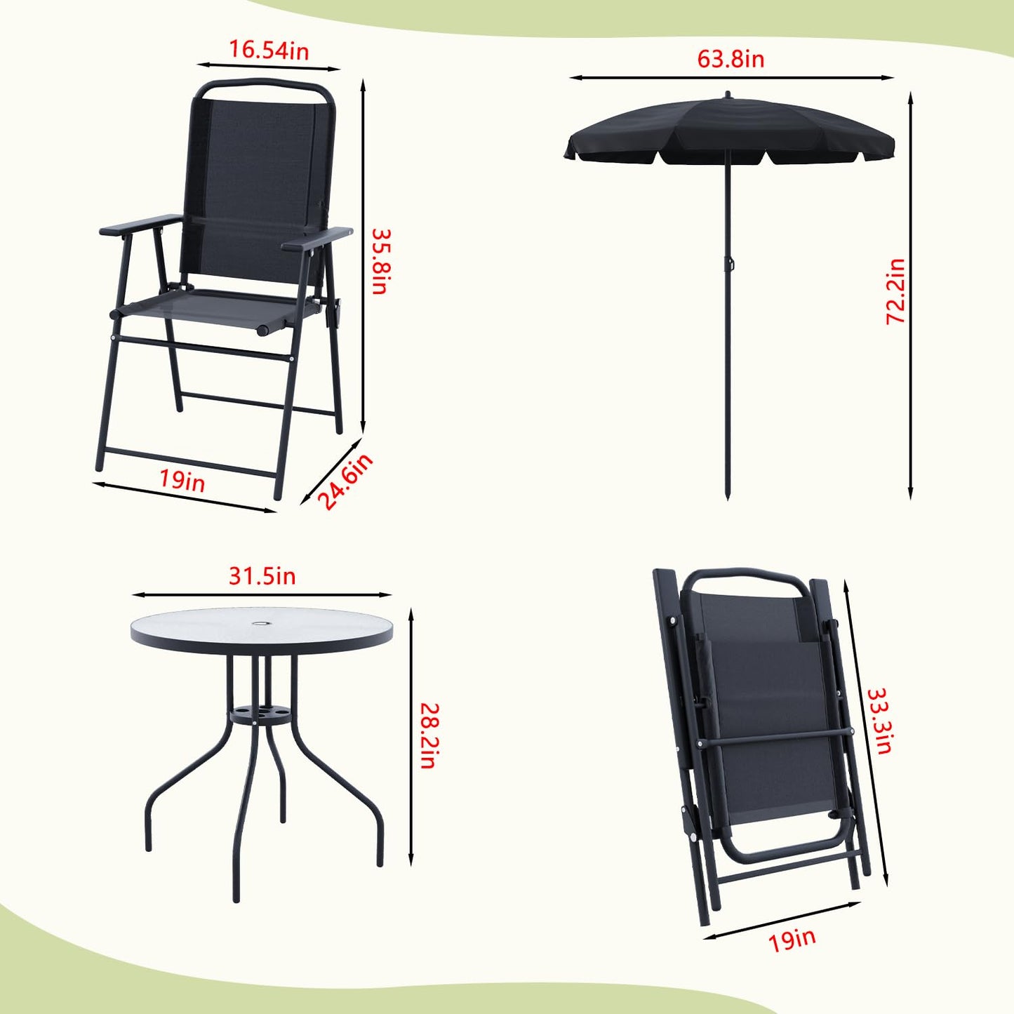 Tornivk 6 Pieces Patio Dining Set for 4, Small Outdoor Patio Table and Chairs Set, Patio Furniture Set with Umbrella & 4 Folding Chairs Portable Garden Dining Table Set for Garden, Backyard, Lawn