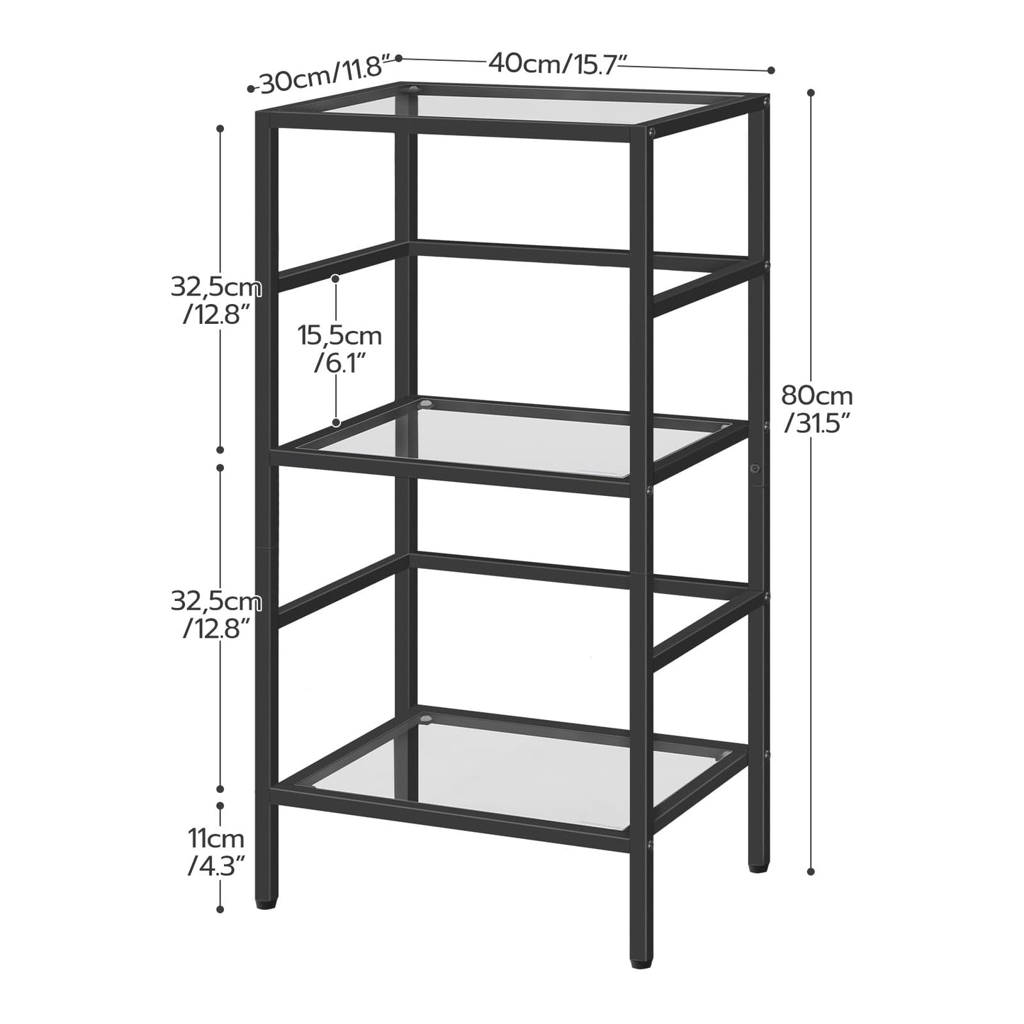 HOOBRO 3-Tier Bookcase, Tempered Glass Bookshelves, Record Storage Rack with Side Fence, Storage Shelves for Bathroom, Slim Shelving Unit for Living Room, Home Office, Black BK81CJ01