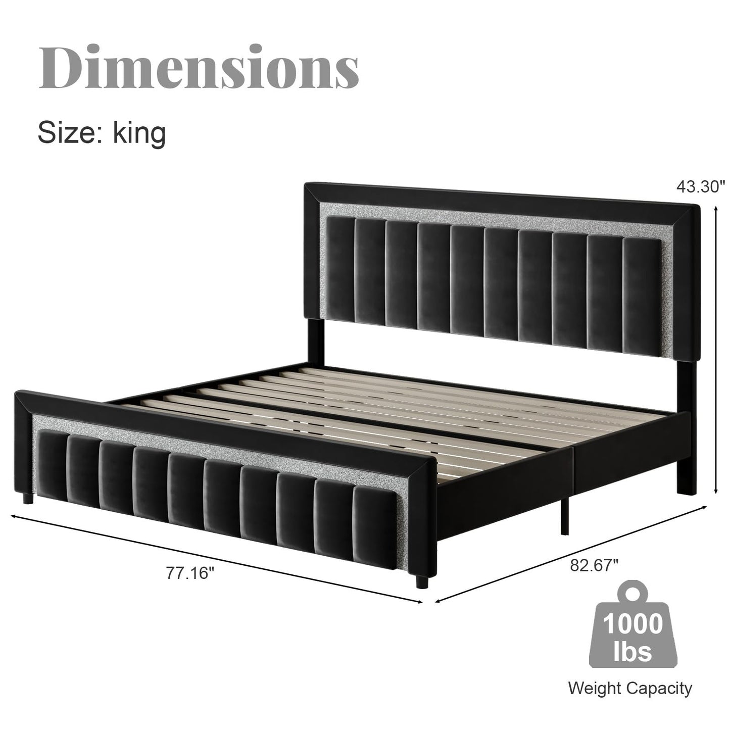 HOMBCK King Size Bed Frame with Headboard, Velvet Upholstered Bed with Diamond Design, Upholstered Platform Bed Frame with Wooden Slats Support, No Box Spring Needed, Easy Assembly, Black