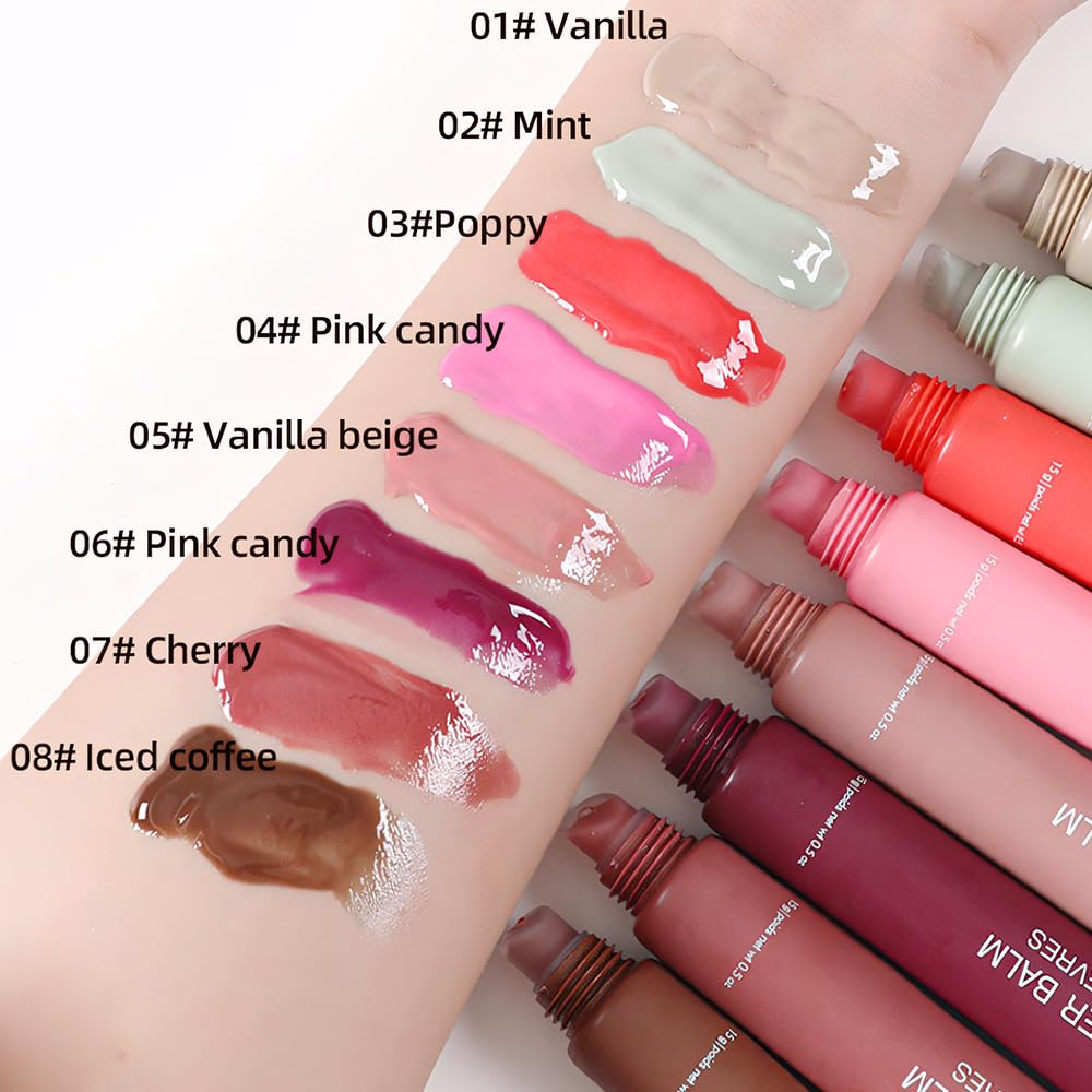 4Pcs Tinted Lip Balm Serum Makeup, Squeeze Hydrating Tint Lips Balms Serum Cosmetic, Women Care Glossy Nourishing Plumping Lip Stain Gloss Lipstick Suitable for dry lips, Set02(#3+#5+#6+#7)