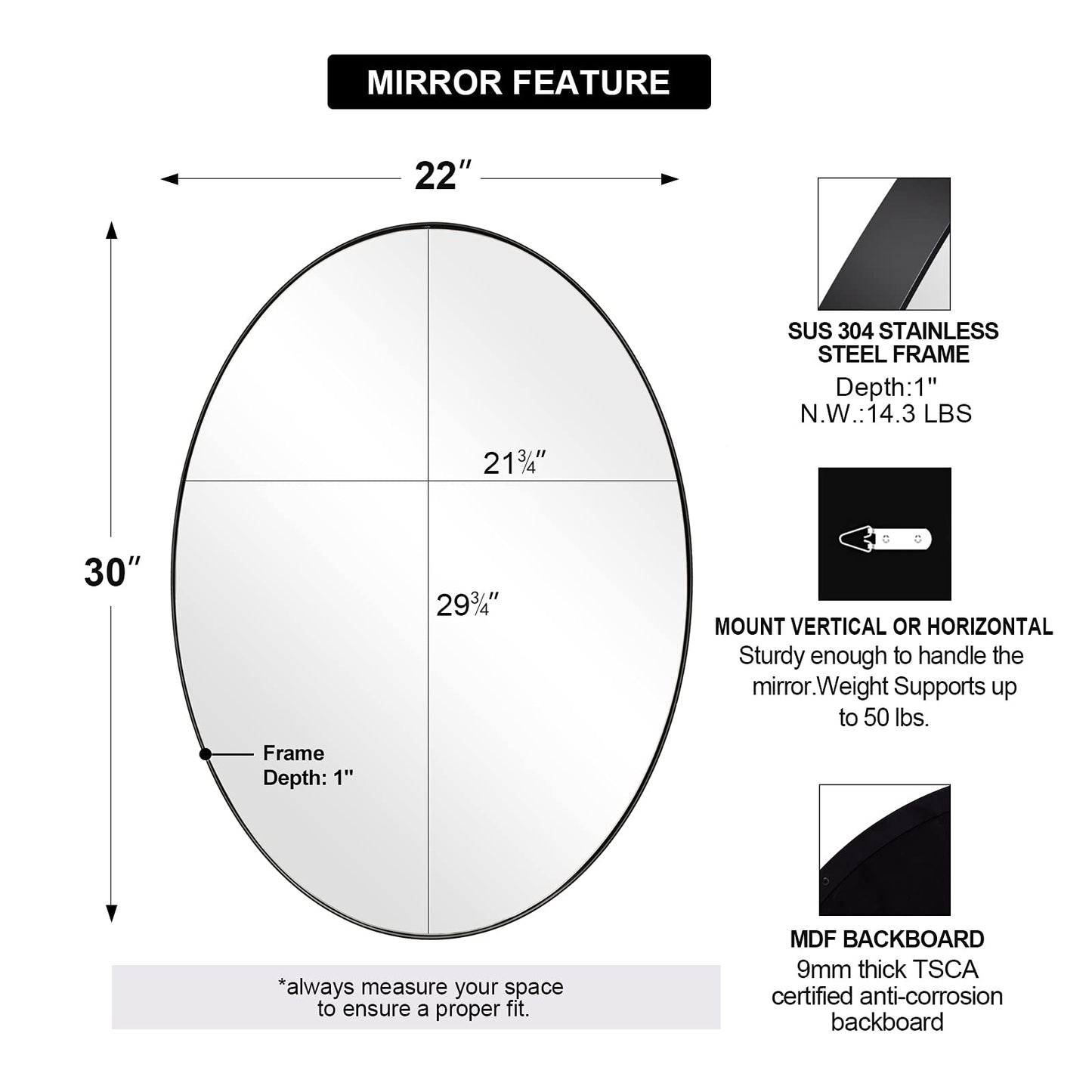 ANDY STAR Black Oval Mirror, 22x30 Oval Black Bathroom Mirror, Oval Vanity Mirror Matte Black Oval Mirrors for Bathroom Stainless Steel Metal Frame Pill Mirror Wall Mount Horizontal or Vertical