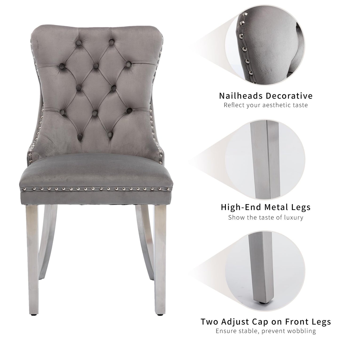 ODUSE-DAILY Gray Velvet Dining Chairs Set of 4 for Kitchen & Dining Room, High Tufted Back Dinning Chairs, Sillas de Comedor, Fabric Upholstered, Brushed Chrome Metal Legs, Grey
