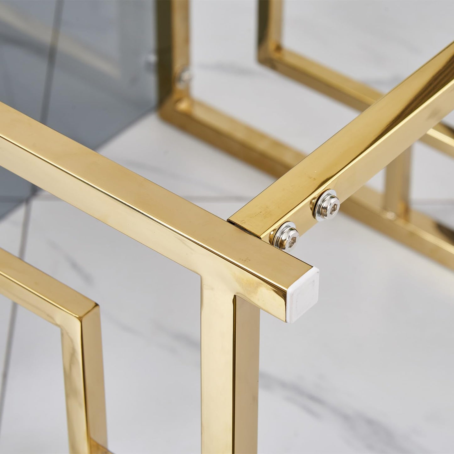 ENJAOUSLF Set of 3 Nesting Coffee Tables Gold Stainless Steel Blue Grey Tempered Glass Modern Sofa Side End Tables