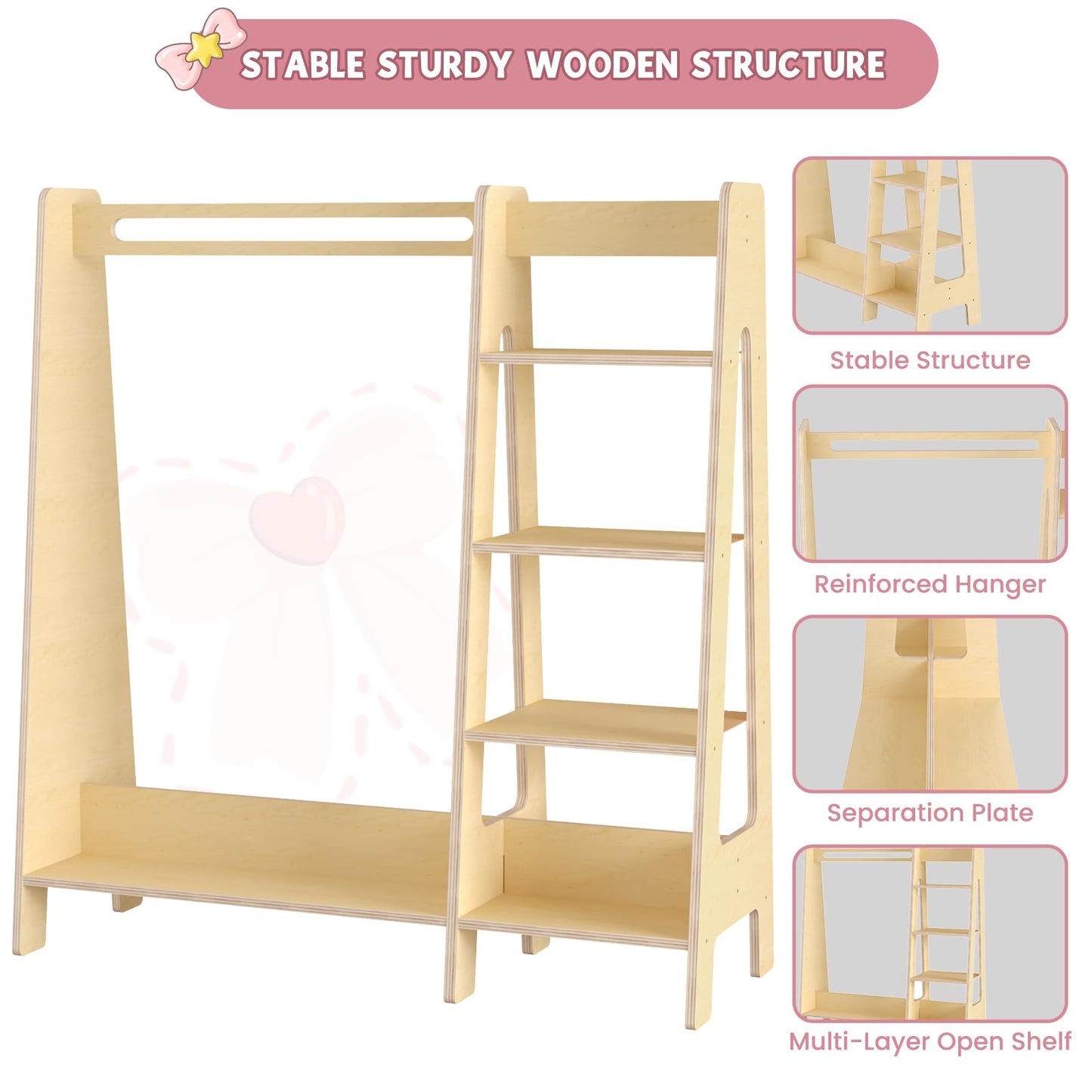 Kids Dress Up Storage with Mirror, Kids Closet with 5 Hanger and Stickers, Opening Hanging Costume Closet Wardrobe for Boys and Girls