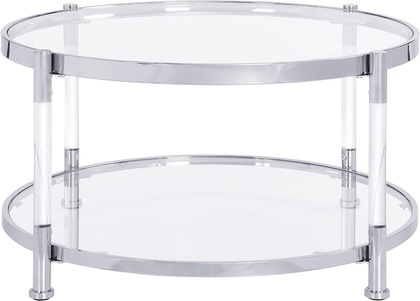 KUVADAZ Round Coffee Table with Silver Chrome Metal Base, 2-Tier Clear Glass Coffee Table Modern Living Room Center Tables, Circle Acrylic Cocktail Tables for Home Office