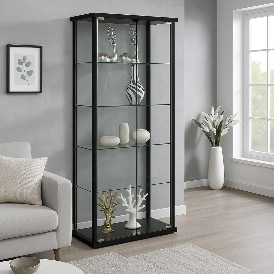 CARTESIAN Glass Display Case - Modern Curio Cabinets with Glass Doors & Five Shelves, 64.25'' Tall, Black Frame, Curio Display Cabinet for Collectibles, Living Room, Dining Room, or Office
