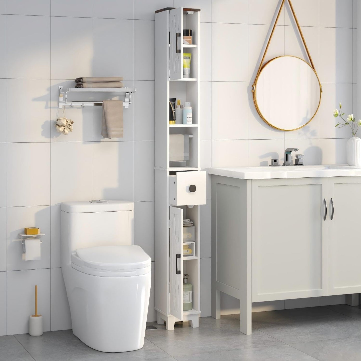 EROMMY Narrow Bathroom Storage Cabinet,71'' Tall Slim Bathroom Cabinet with Adjustable Shelves & Towel Bar, Skinny Freestanding Floor Cabinet for Small Space, Living Room, Shower Room, White