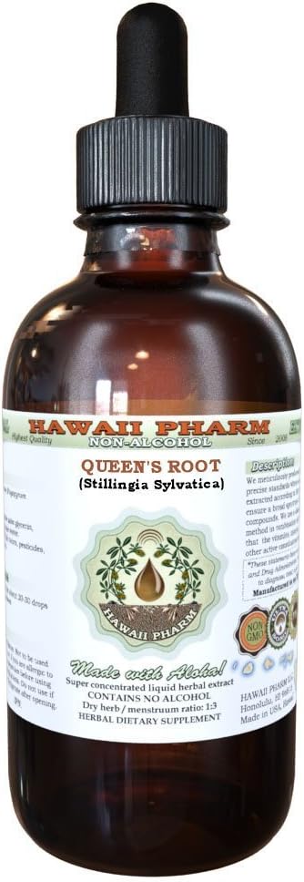 Queen's Root Alcohol-Free Liquid Extract, Queen's Root (Stillingia Sylvatica) Dried Root Glycerite Natural Herbal Supplement, Hawaii Pharm, USA 2 fl.oz