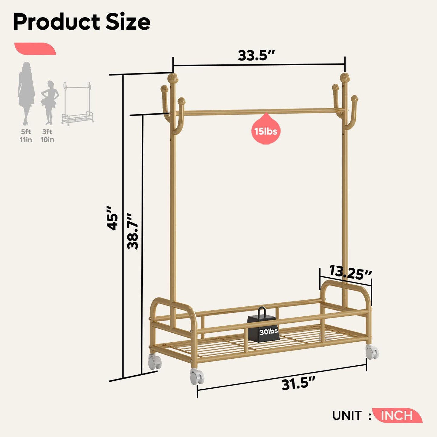 Bestier Kids Dress Up Rack, Adjustable Height for Kids Clothes, Metal Rack with Wheels and Bottom Storage Shelf, Gold