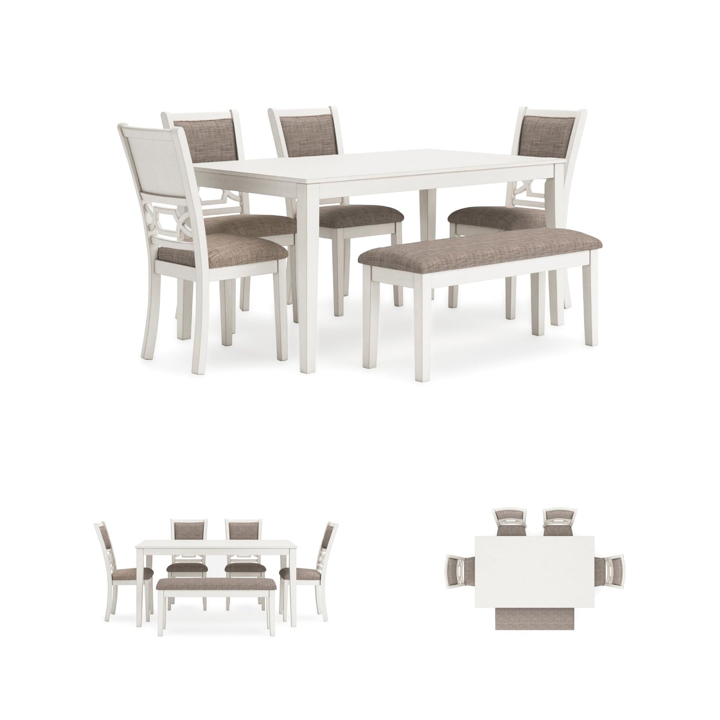 Signature Design by Ashley Erinberg Casual Dining Table with 4 Armless Upholstered Chairs and Bench, Set of 6, White & Light Gray