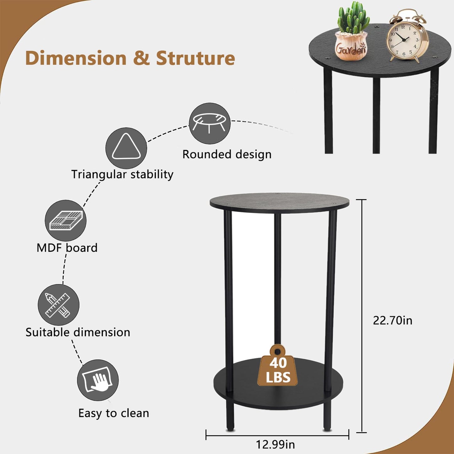 BITYODD Round Side Table Set of 2, 2-Tier End Table, Small Round Nightstands with Storage Shelf, Modern Accent/Coffee/Bedside Table for Living Room, Bedroom-Black