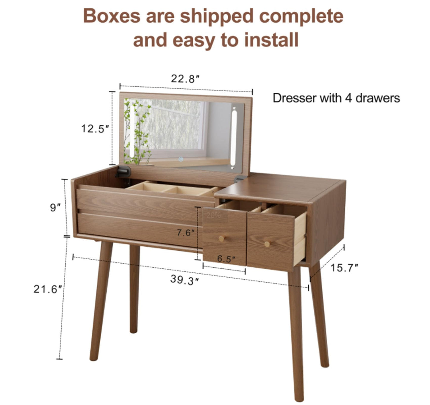 KungFuWood Makeup Vanity Desk with 3 Lighting Modes, Solid Wood Vanity Desk with Mirror Dressing Table Set 4 Drawers,Space-Saving Vanity for bedrooms(walunt)
