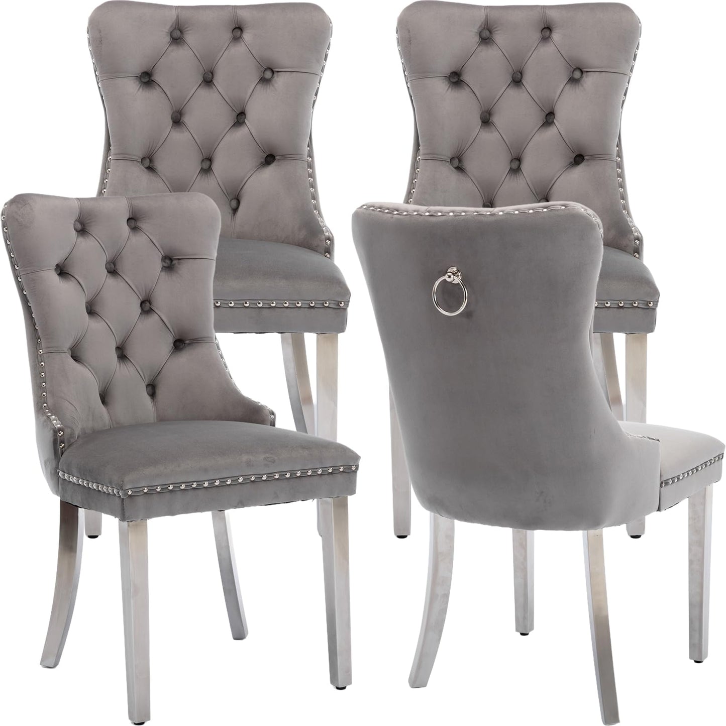 ODUSE-DAILY Gray Velvet Dining Chairs Set of 4 for Kitchen & Dining Room, High Tufted Back Dinning Chairs, Sillas de Comedor, Fabric Upholstered, Brushed Chrome Metal Legs, Grey