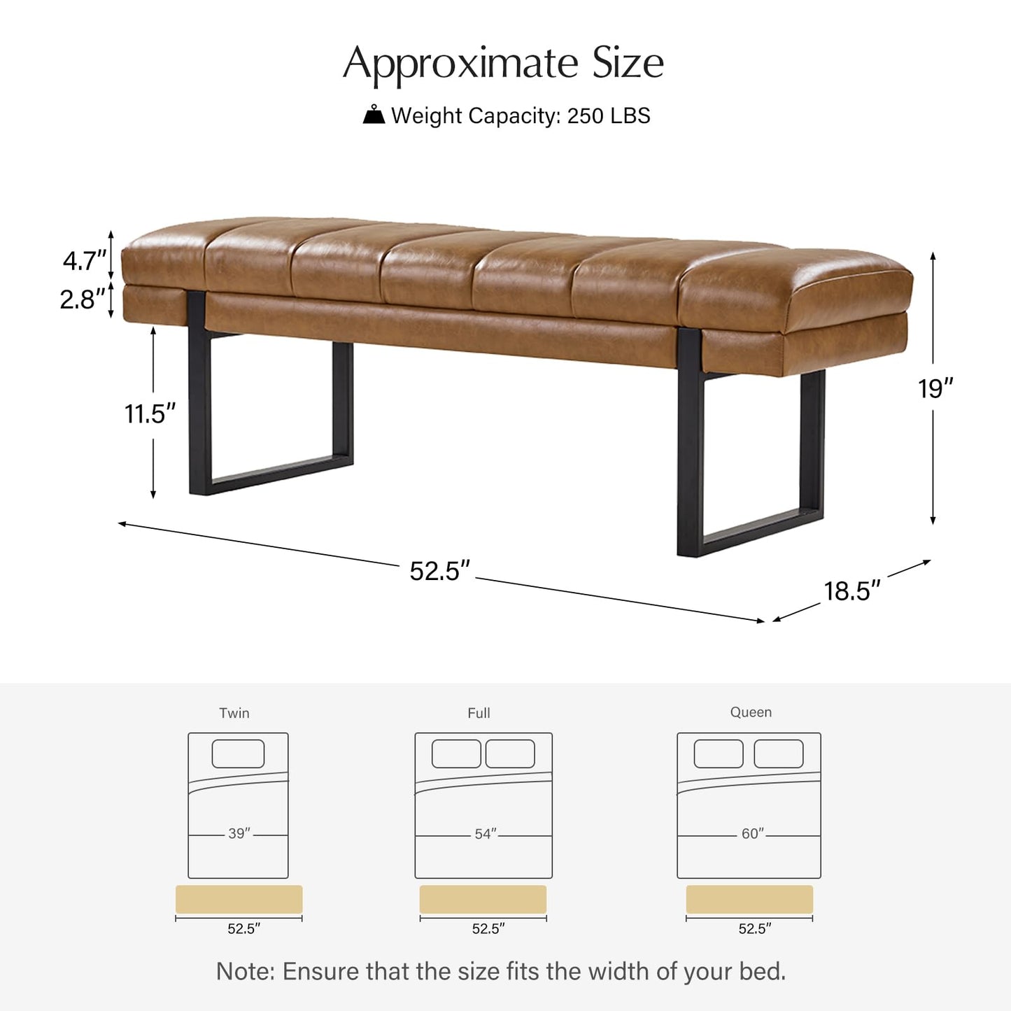 HULALA HOME 53" Faux Leather Entryway Bench, Button Tufted End of Bed Bench Ottoman for Bedroom, Living Room with Metal Base,Camel