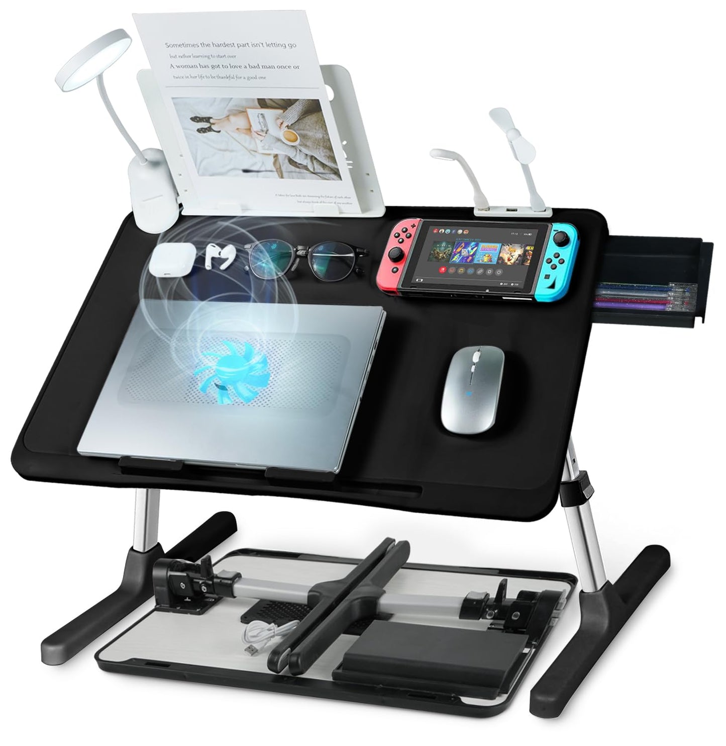 iXTRA Laptop Lap Desk with Cooling Fan - Adjustable with Light, USB, Storage Drawer - Folding Bed Desk,23.62"*15.74",Black