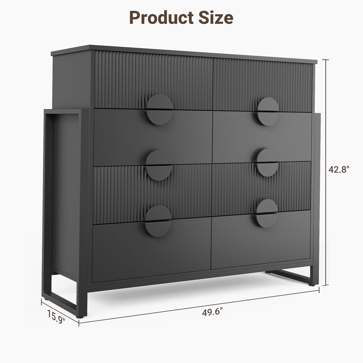 LGHM Fluted Black Dresser for Bedroom, Modern 50" Wide Chest of Drawers, 8 Deep Drawers 42.8" Tall Dresser with Raised H Legs -Curved Profile Design, Easy Round Handles for Bedroom,Livingroom, Black