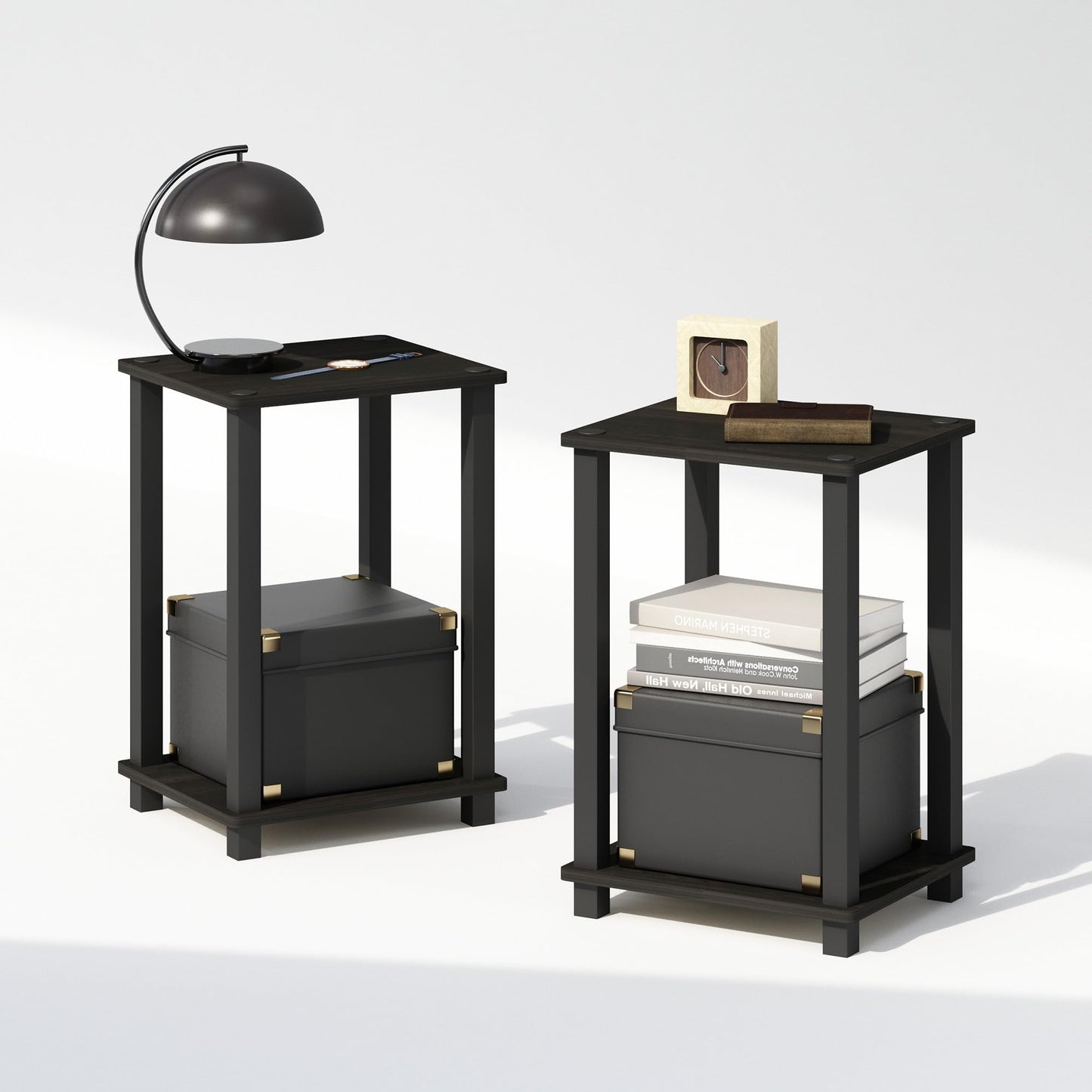 Furinno Simplistic Compact Bedside Table, Nightstand, Espresso/Black, Set of 2