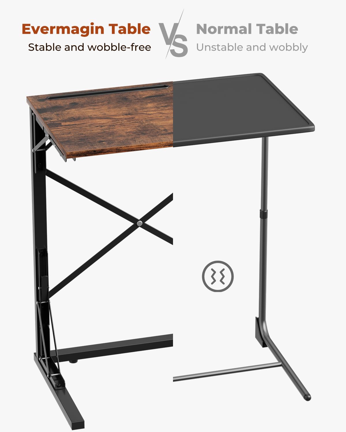Evermagin 21''Wx28''H Folding TV Tray, Small Foldable C-Shaped End Table for Eating with Tablet and Phone Slots, Slide Under Couch Side Table for Recliner, Living Room, Bedroom, Rustic Brown