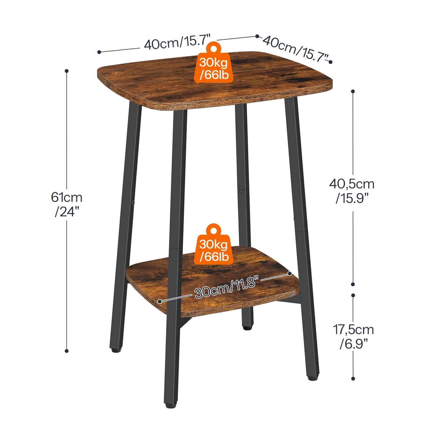 HOOBRO Side Table, 2-Tier Square Sofa End Table, Small Storage Nightstand, for Small Spaces, Living Room Bedroom Accent Table, Rustic Brown and Black BF181BZ01