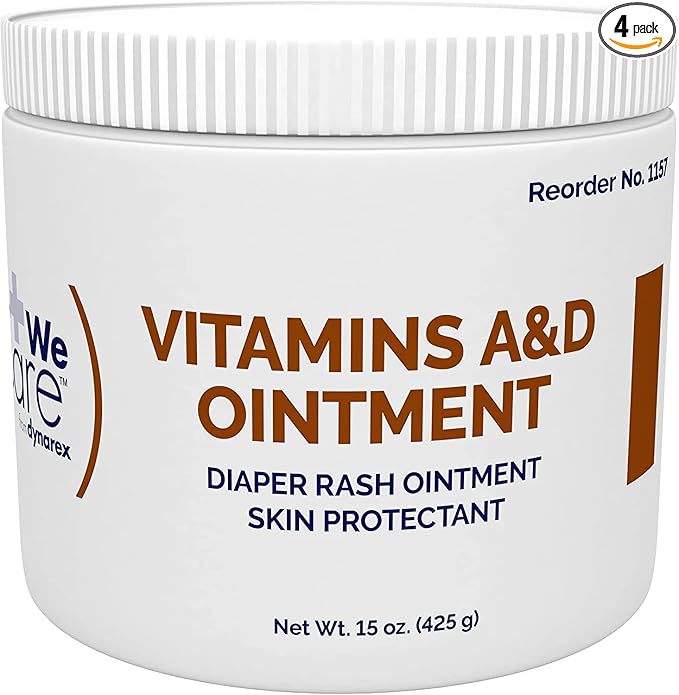 Dynarex Vitamins A & D Ointment, Ointment with Vitamin A and Vitamin D Skin Protectant, for Diaper Rash and Discomfort, White, 4-15 oz Jars of Dynarex Vitamins A & D Ointment