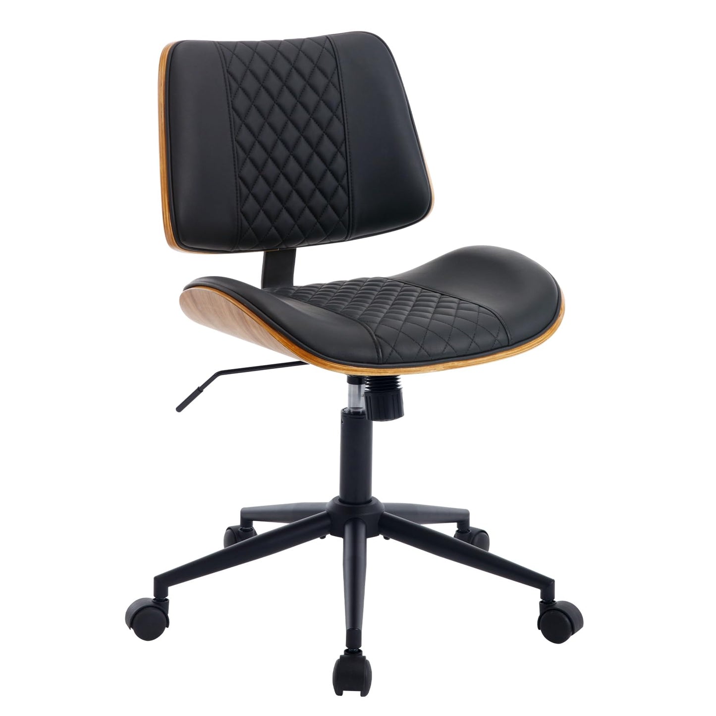 BV Small Desk Chair, Mid Century Office Chair with Bentwood Back, Armless Task Swivel Chair with Wheels, Mid Back No Arms, Faux Leather Office Chairs for Small Space, Black