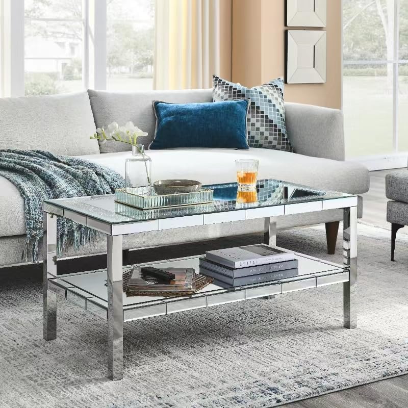 Olodumare Elegant 2 Tiers of Shiny Silver Mirrored Coffee Table, Crystals Inlay,and Stainless Steel Frame,Modern Rectangle Cocktail Table/End Table for Living Room and Kitchen, 39.5 Inches