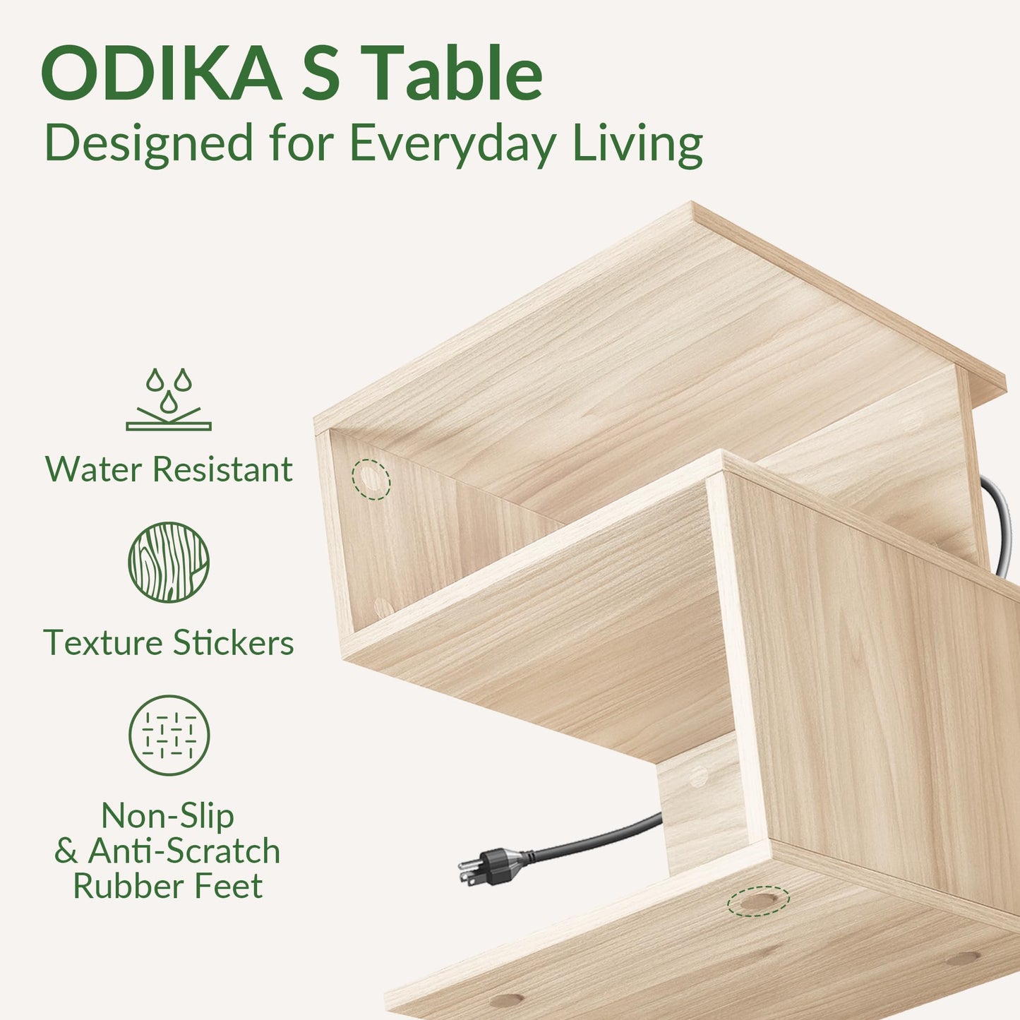 ODIKA Tokyo S Flip Minimalist 3 Tier End Table with Fast Charging Station - USB C Cable Wood Nightstand for Small Spaces with Open Storage Bedside Table for Bedroom (Reverse, Natural w/Charging)