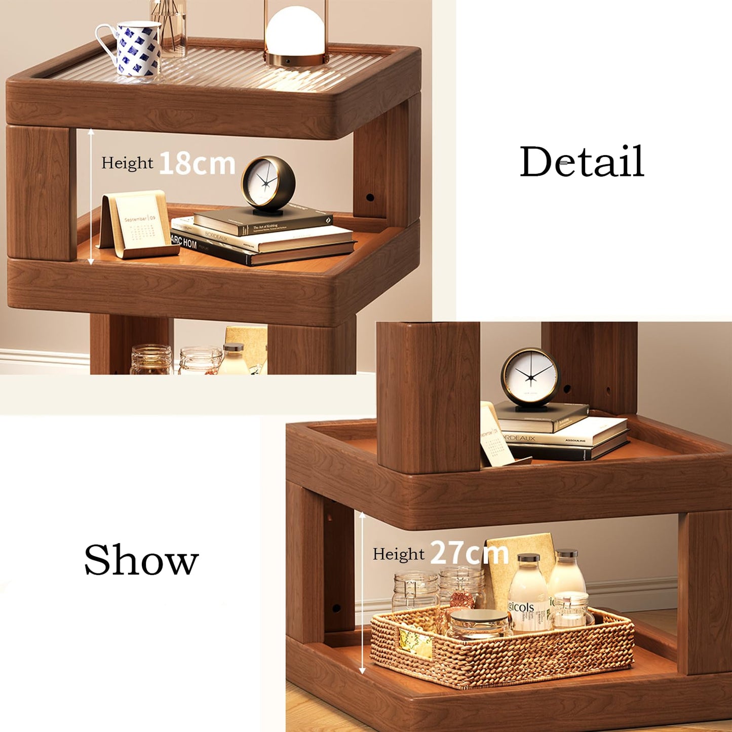 Solid Wood Nightstand,End Tables Bedroom Small Shelf Modern Nightstand Wood Side Table (Walnut Brown-21.3 * 15.8 * 15.8)