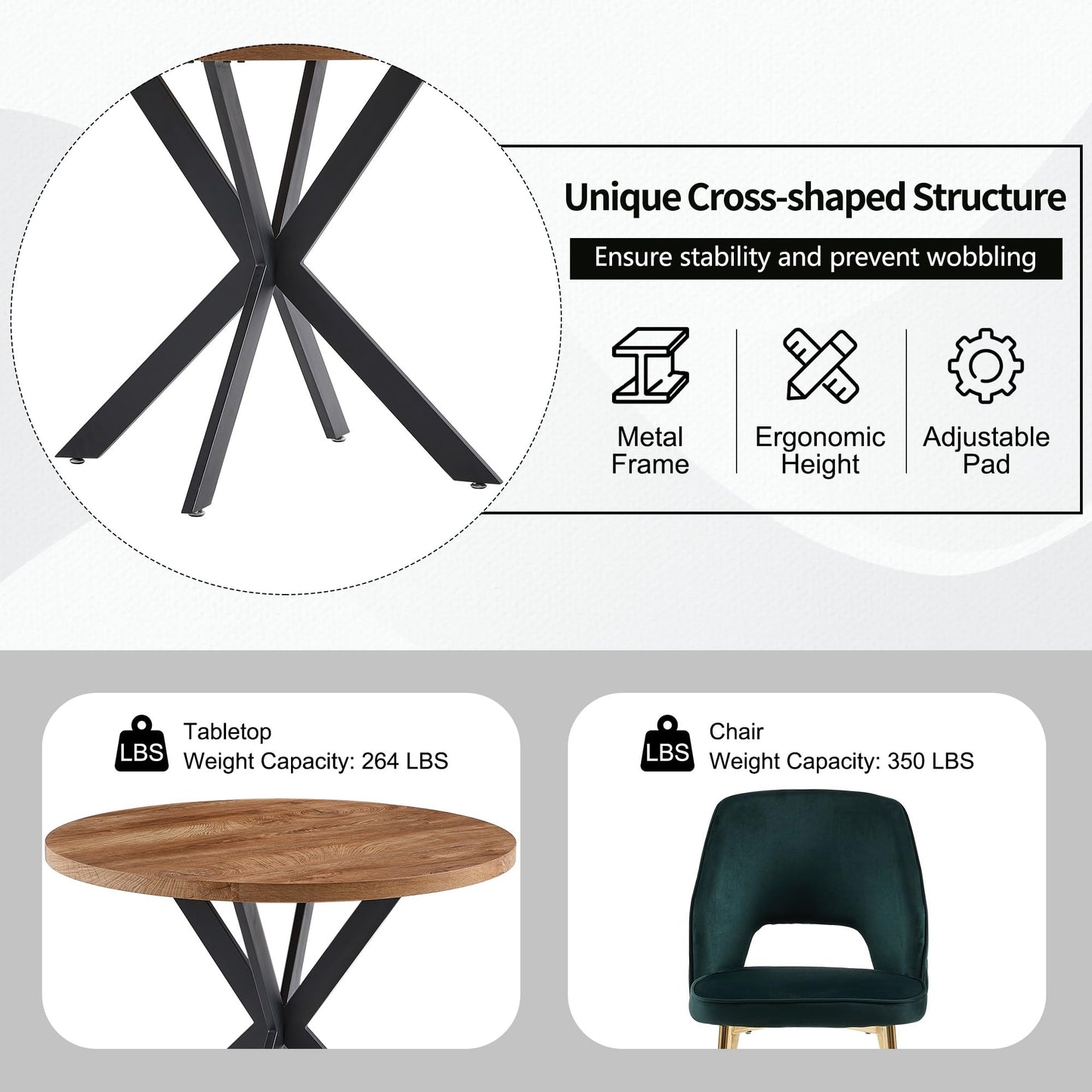 NORDICANA 5-Piece Dining Table Set for 4 - Space Saving 37-Inch Round Table and Chairs, 4 Seaters Dining Set with Upholstered Dining Chairs (Forest Green)