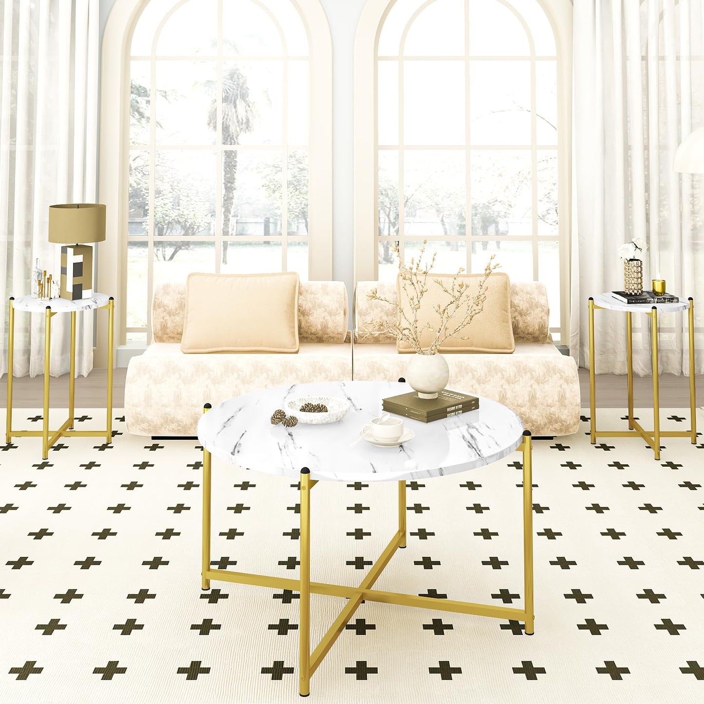 Lamerge Coffee Table Set of 3,Modern Faux Marble Top with Golden Frame,1 Coffee Table & 2 Accent Table, Living Room Table Set, for Apartment,Office and So on,White & Gold (LCTR-W)
