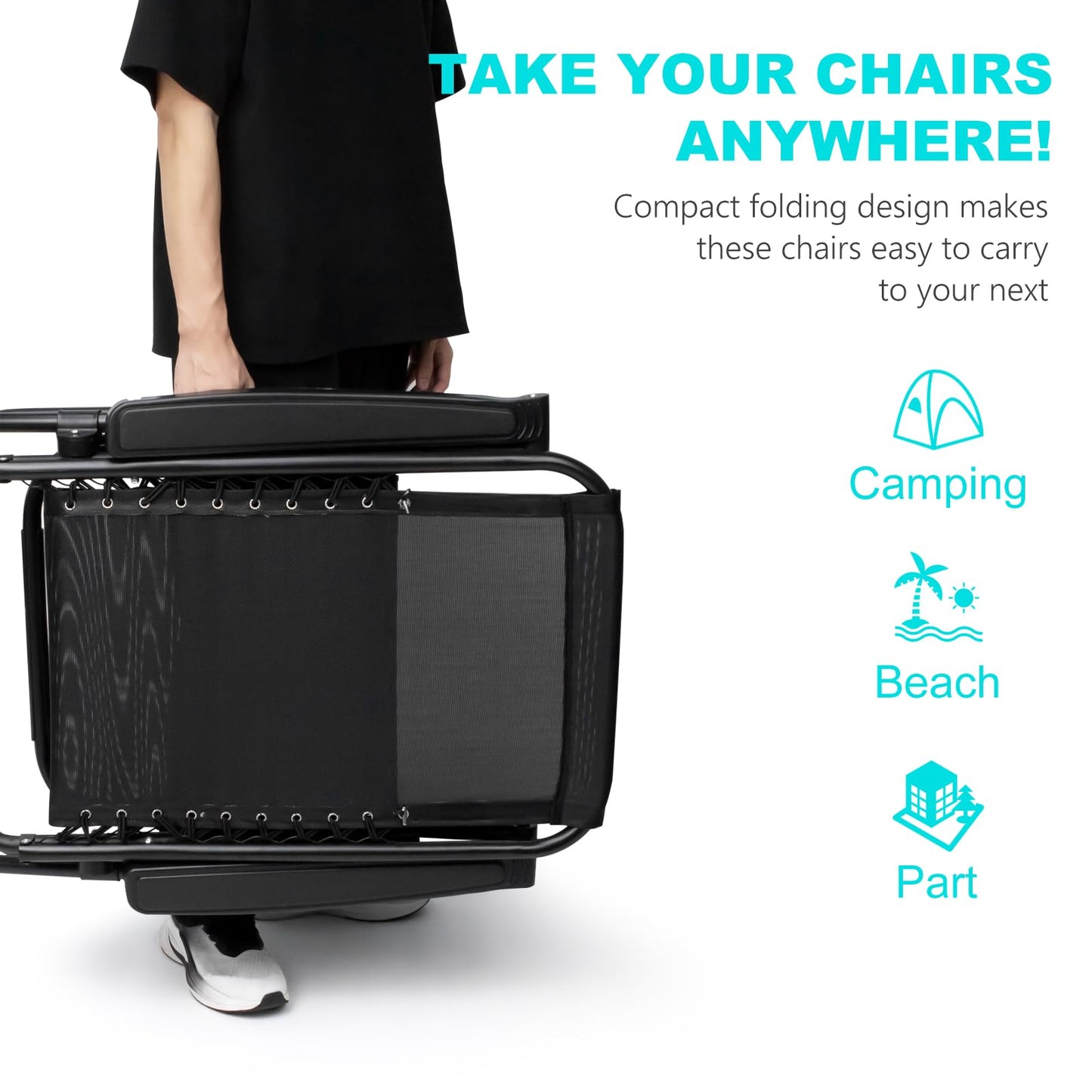 SZHLUX 1 PCS Adjustable Steel Mesh Zero Gravity Lounge Chair Recliners W/Pillows and Cup Holder Trays - Black