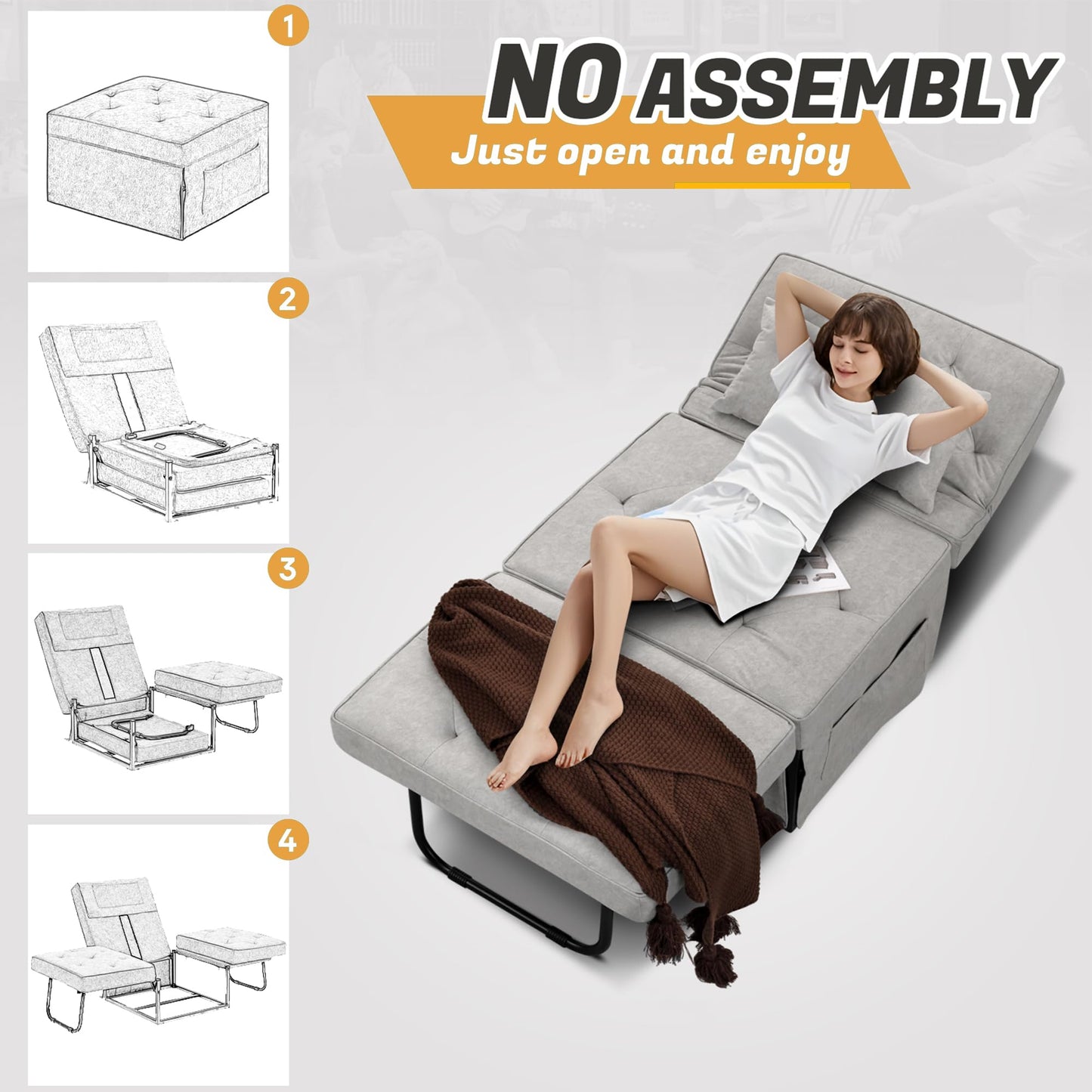 OMOCCUIT 4-in-1 Multi-Functional Convertible Sofa Bed, Large Foldable Ottoman Sleeper Chaise with Adjustable Backrest, Modern Linen Convertible Futon Sofa Couch for Living Room, Apartment (Light Grey)