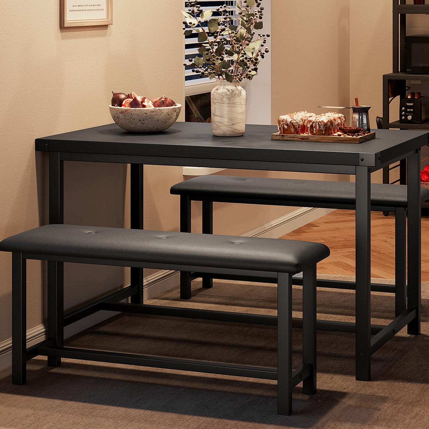 IDEALHOUSE Dining Table Set for 4, Kitchen Table with Upholstered Bench, 3 Piece Rectangular Dining Room Table Set with 2 Benches, for Small Space, Apartment, Studio, Home, Retro Black