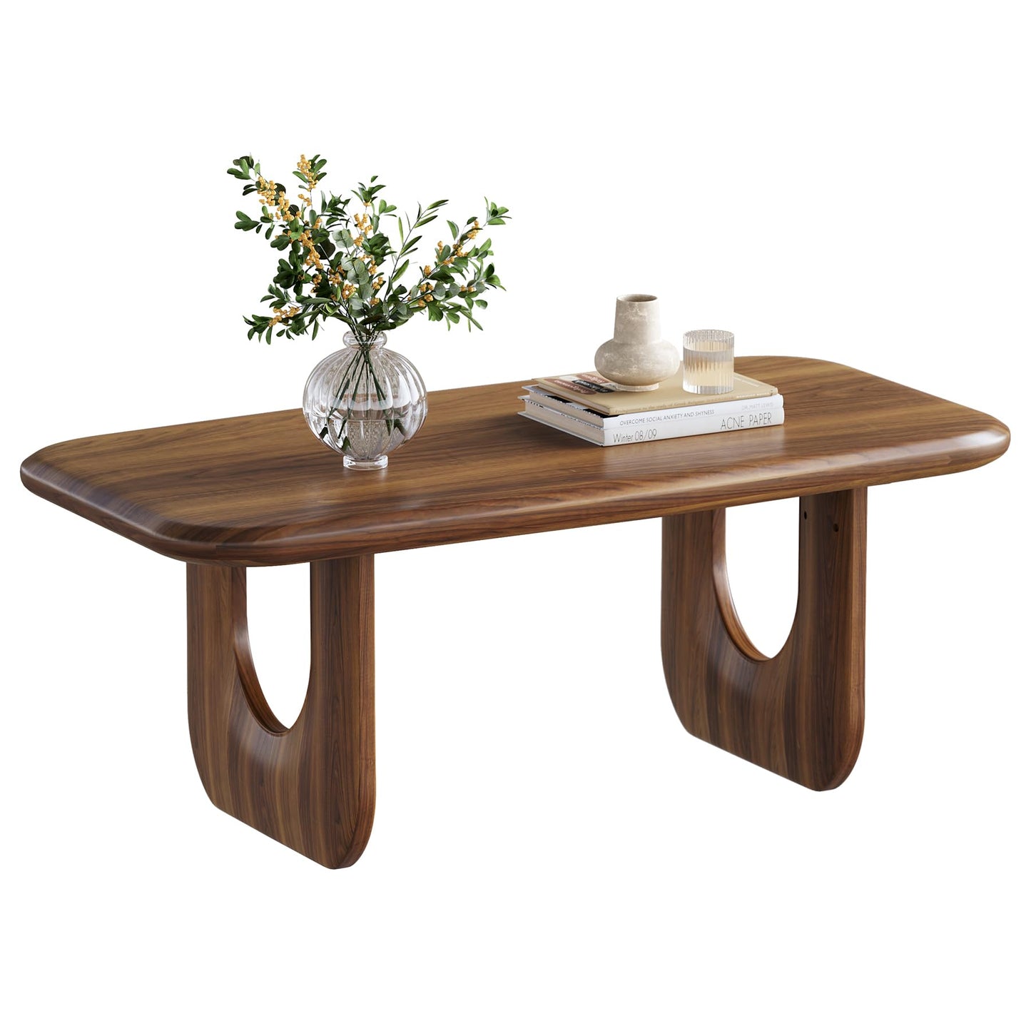LITTLE TREE Farmhouse Coffee Table, 47 Inches Wooden Rectangular Center Tables with Rounded Corners, Modern Coffee Tables Low Cocktail Tea Furniture for Living Room (Rustic Brown)