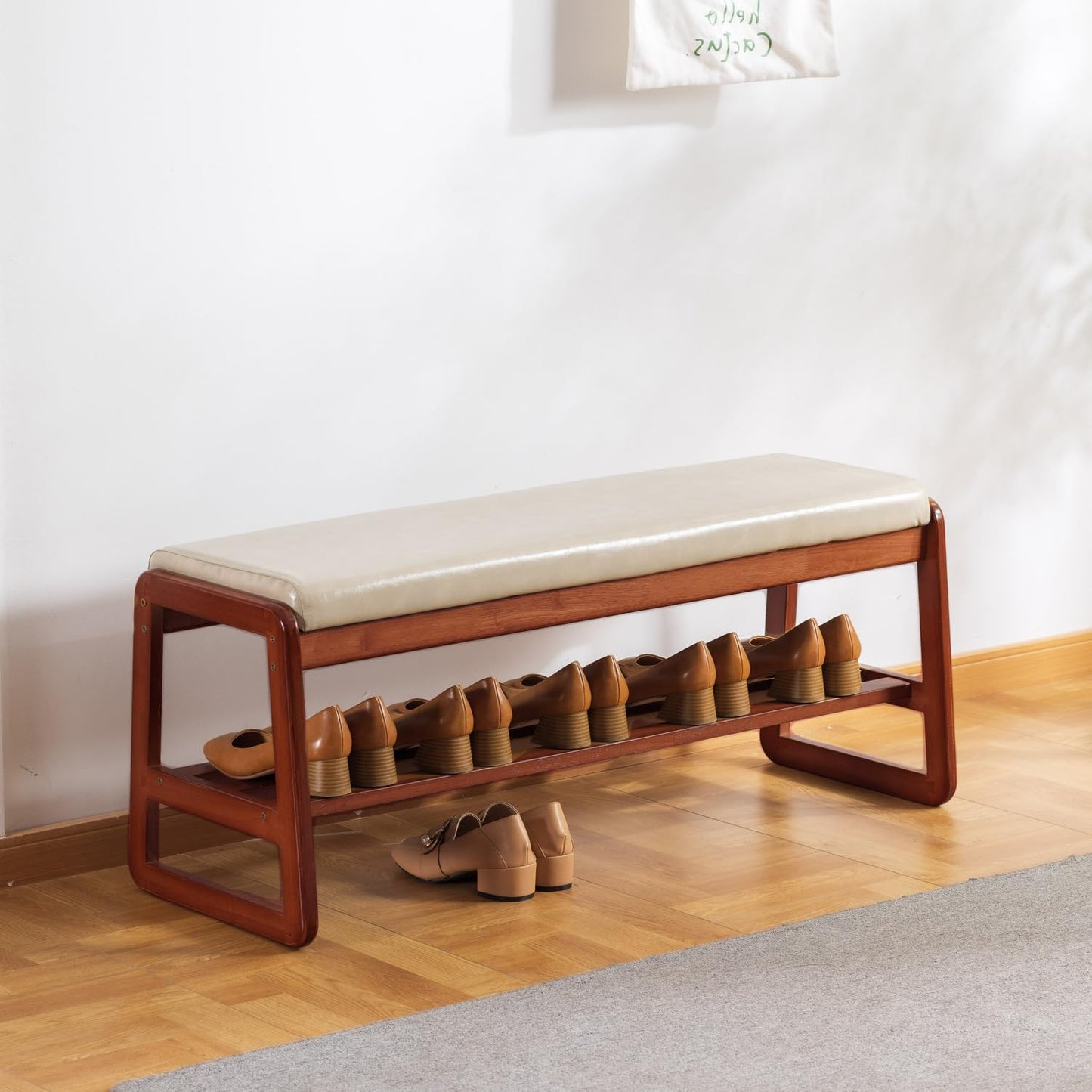 latifolia Shoe Bench, Solid Wood Bench with Cushion, 2 Tier Shoe Organizer for Entryway, Hallway, Living Room(Beige,39.70''L)