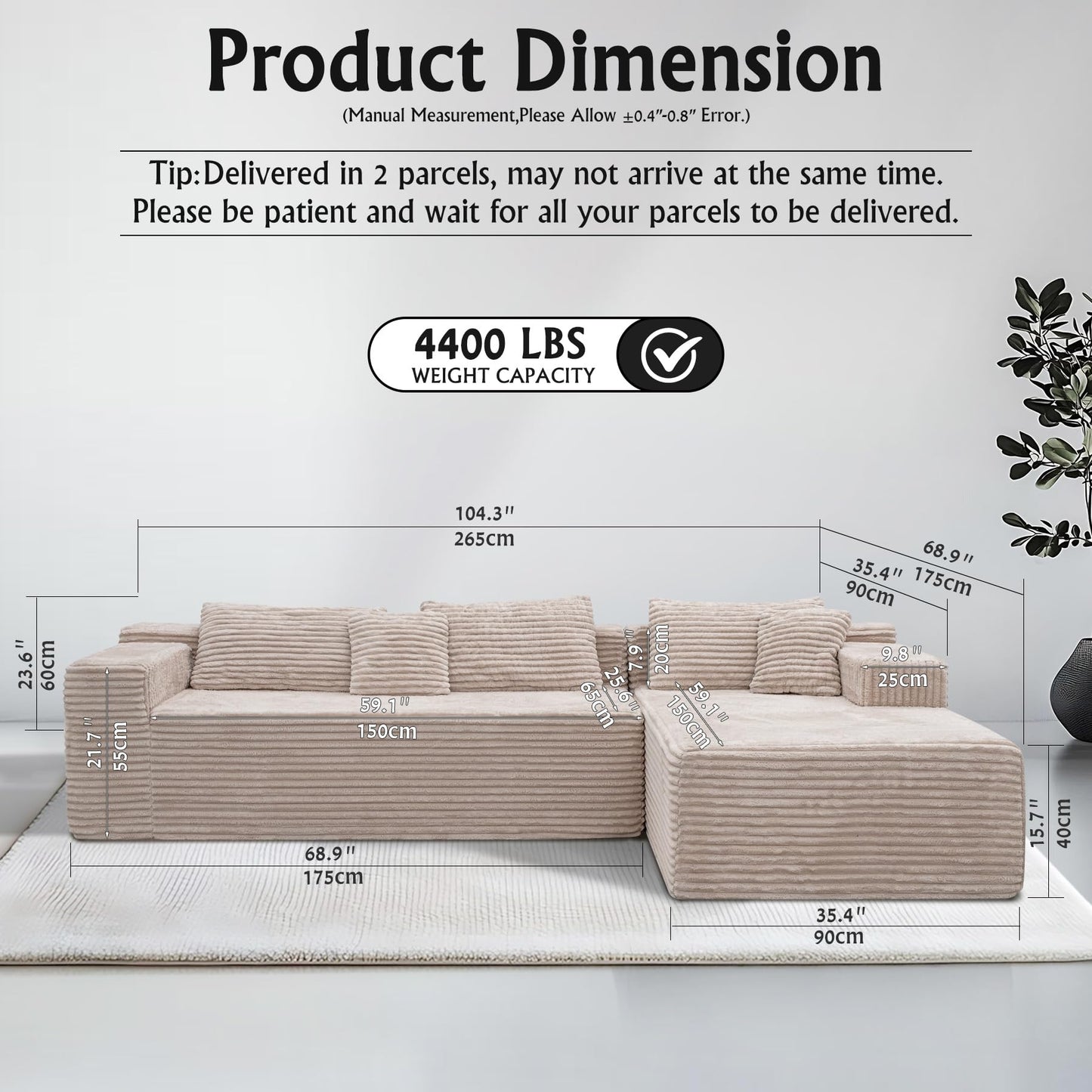 Sectional Couches for Living Room-Corduroy Couch Beige，104" Cloud Sectional Couch with L-Shape Chaise， Modern Modular Sofa, Deep Seat Comfort, No Assembly Required(Plush Corduroy Fabric)