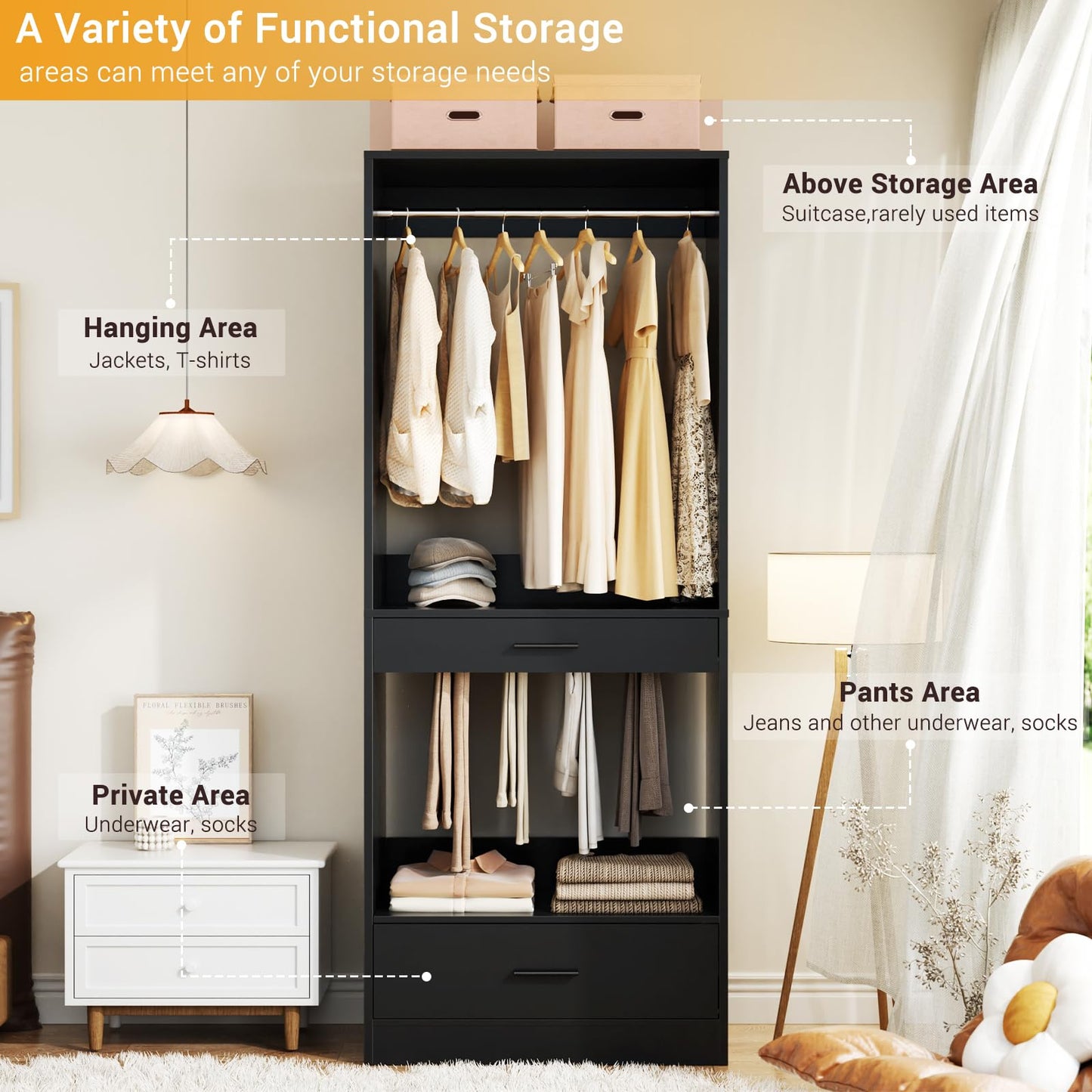 Homieasy Closet System Organizer with Hanging area, Pants Rack & Drawer – Expandable & Sturdy Modular Closet Storage Unit, Customizable Wardrobe Organizer for Bedroom or Walk-In Closet, Black