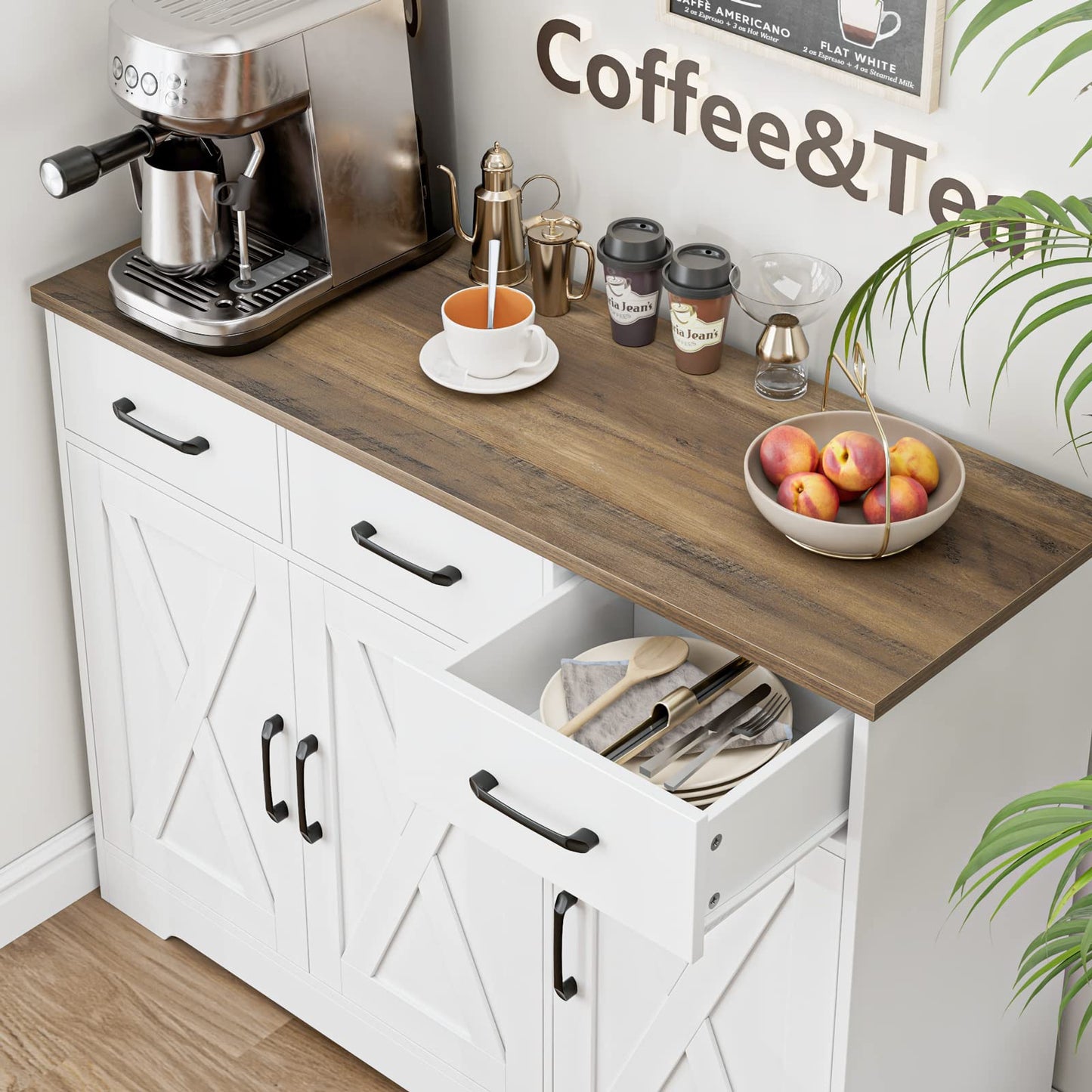 HOSTACK Modern Farmhouse Sideboard Buffet Cabinet, Barn Doors Buffet Storage Cabinet with Drawers and Shelves, Wood Coffee Bar with Storage for Kitchen, Dining Room, Living Room, White
