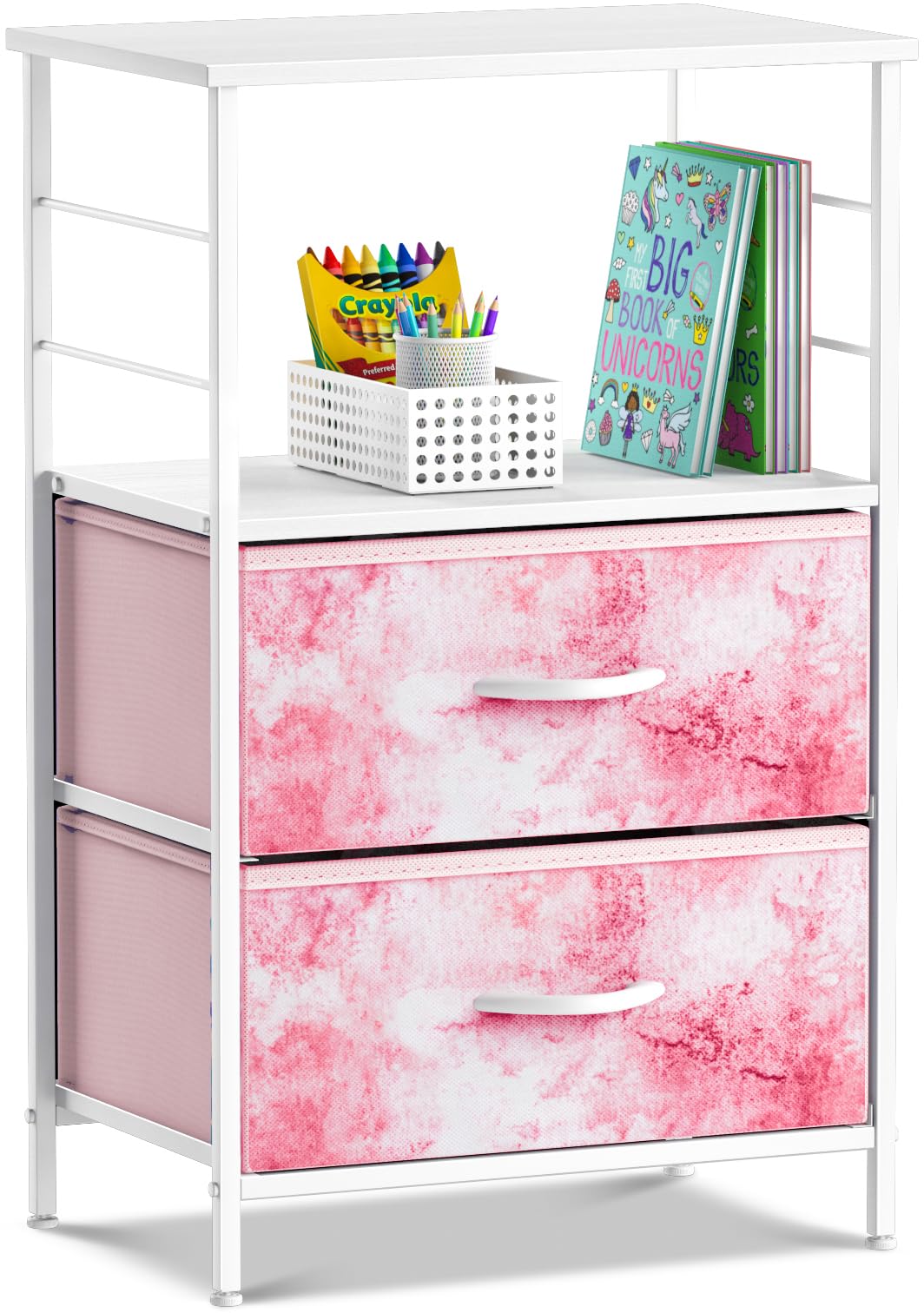 Sorbus 2 Drawer Shelf Storage Nightstand - Kids Bedside Furniture End Table Night Stand with Steel Frame Wood Top & Easy Pull Fabric Bins, Dresser & Chest for Home Bedroom Accessories Office & College