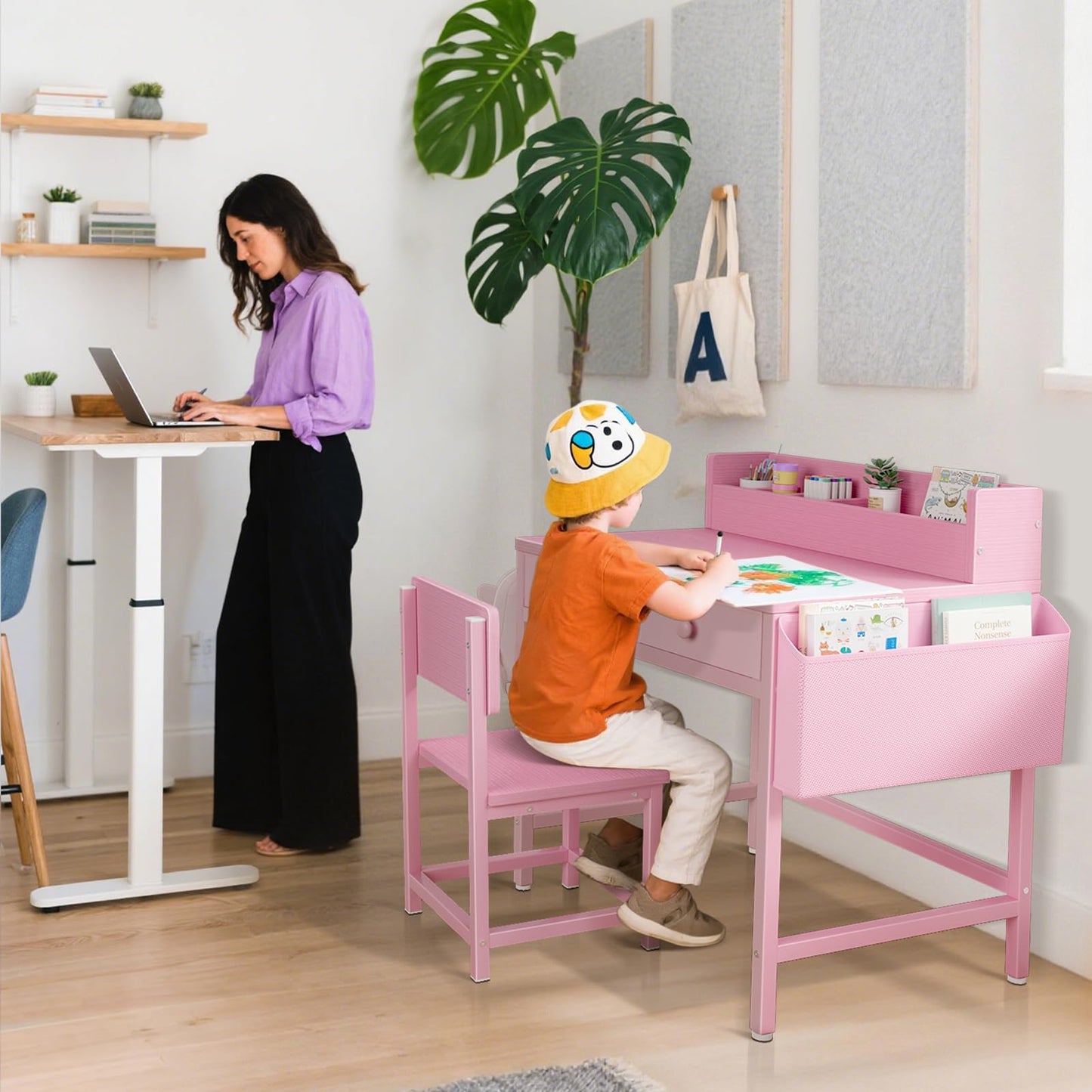 BOLUO Pink Kids Desk and Chair Set for 5-8 Year Old, Small Child Desk with Fabric Drawer, Children Study Table with Storage Girls Boys