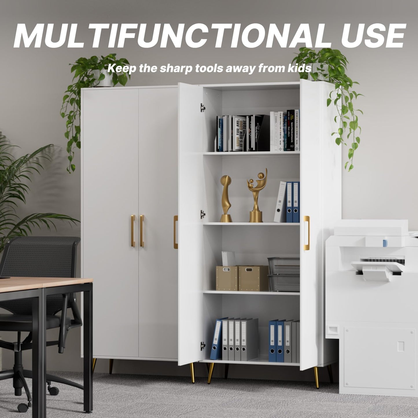 LYNSOM Tall Storage Cabinet, Freestanding Kitchen Pantry Cabinet with Adjustable Shelf and Doors, Floor Storage Accent for Kitchen, Dining Room (White)