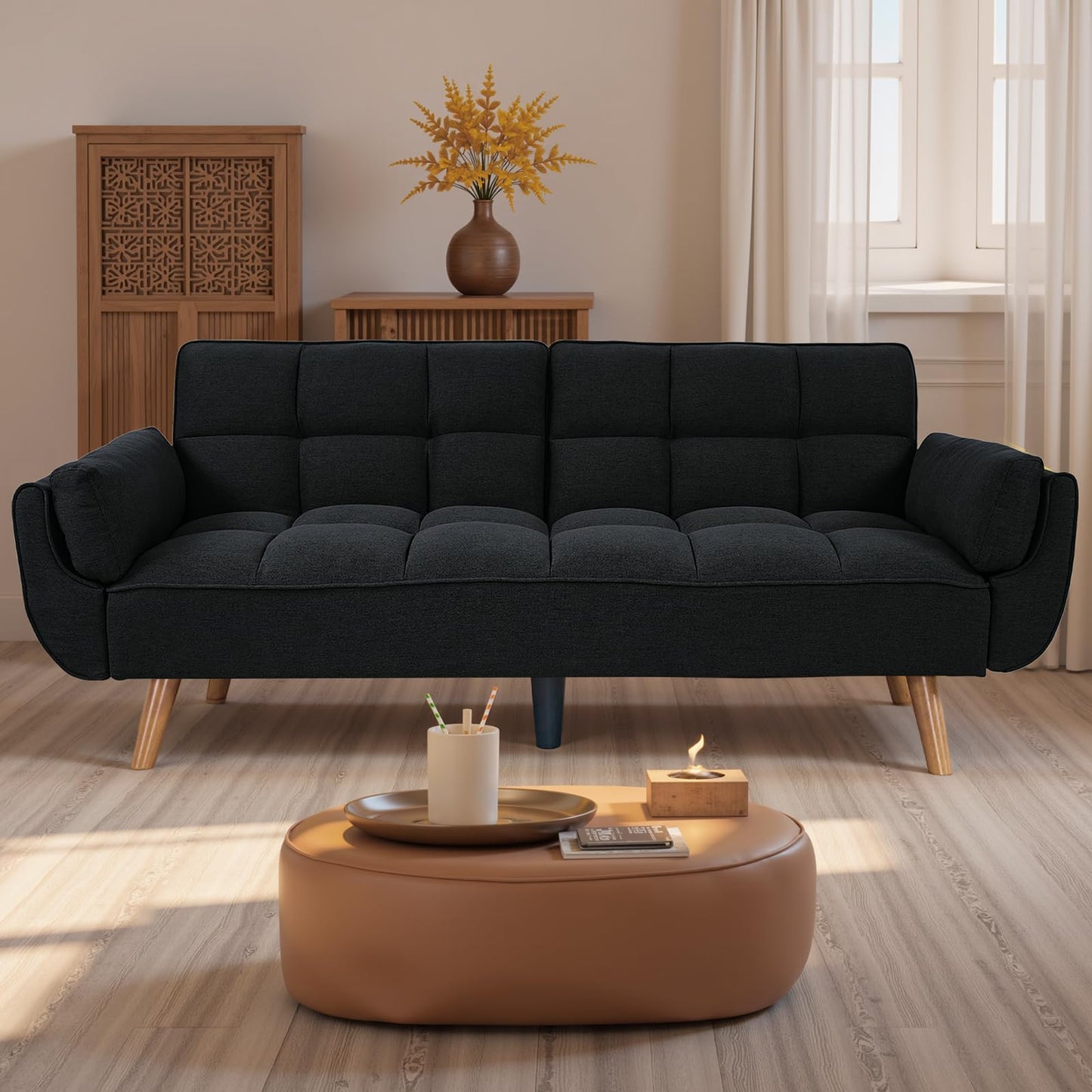Modauiysa 73.9" Linen Futon Sofa Bed, Convertible Futon Couch Bed, Comfy Love Seat Sleeper with Adjustable Backrest, Small Couches for Small Spaces, Living Room,Bedroom and Office (Black)